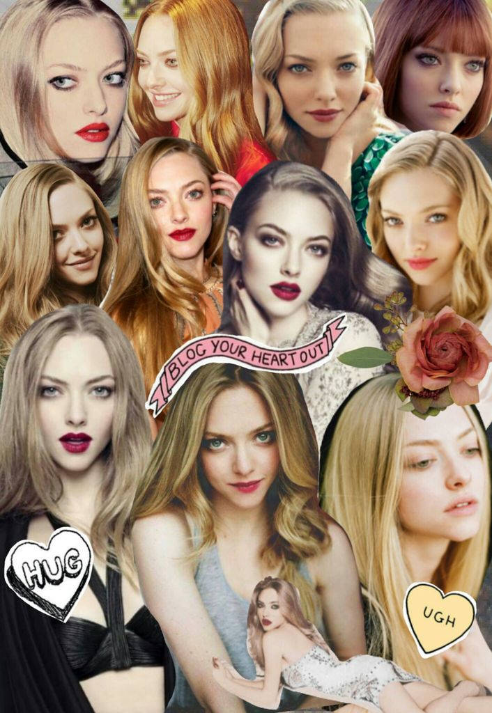 Amanda Seyfried 桌布 壁紙 — Amanda Seyfried 的多幅肖像的充滿活力的拼貼畫，帶有鮮豔的紅唇和富有表現力的眼睛，並以花卉和心形圖案點綴。