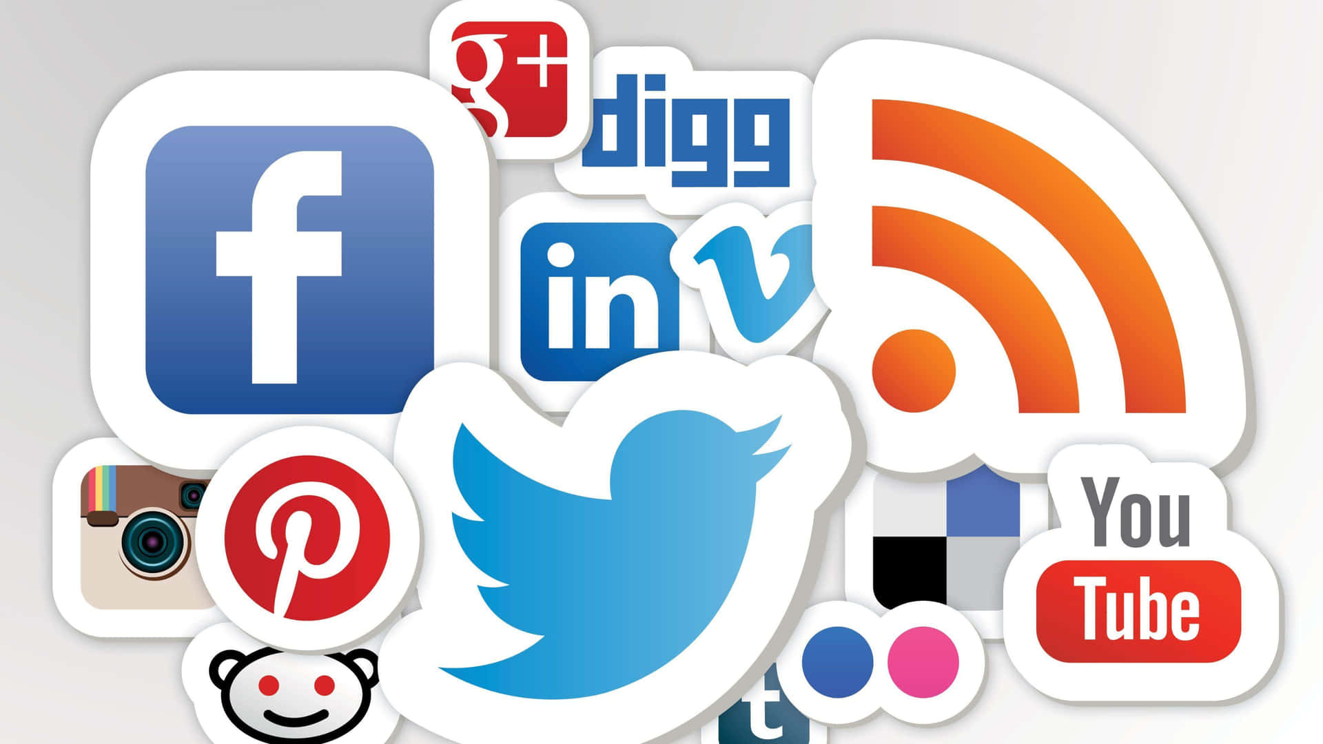 社交媒體圖標集合，包括 Facebook、Twitter 和 YouTube。 — 4K 壁紙