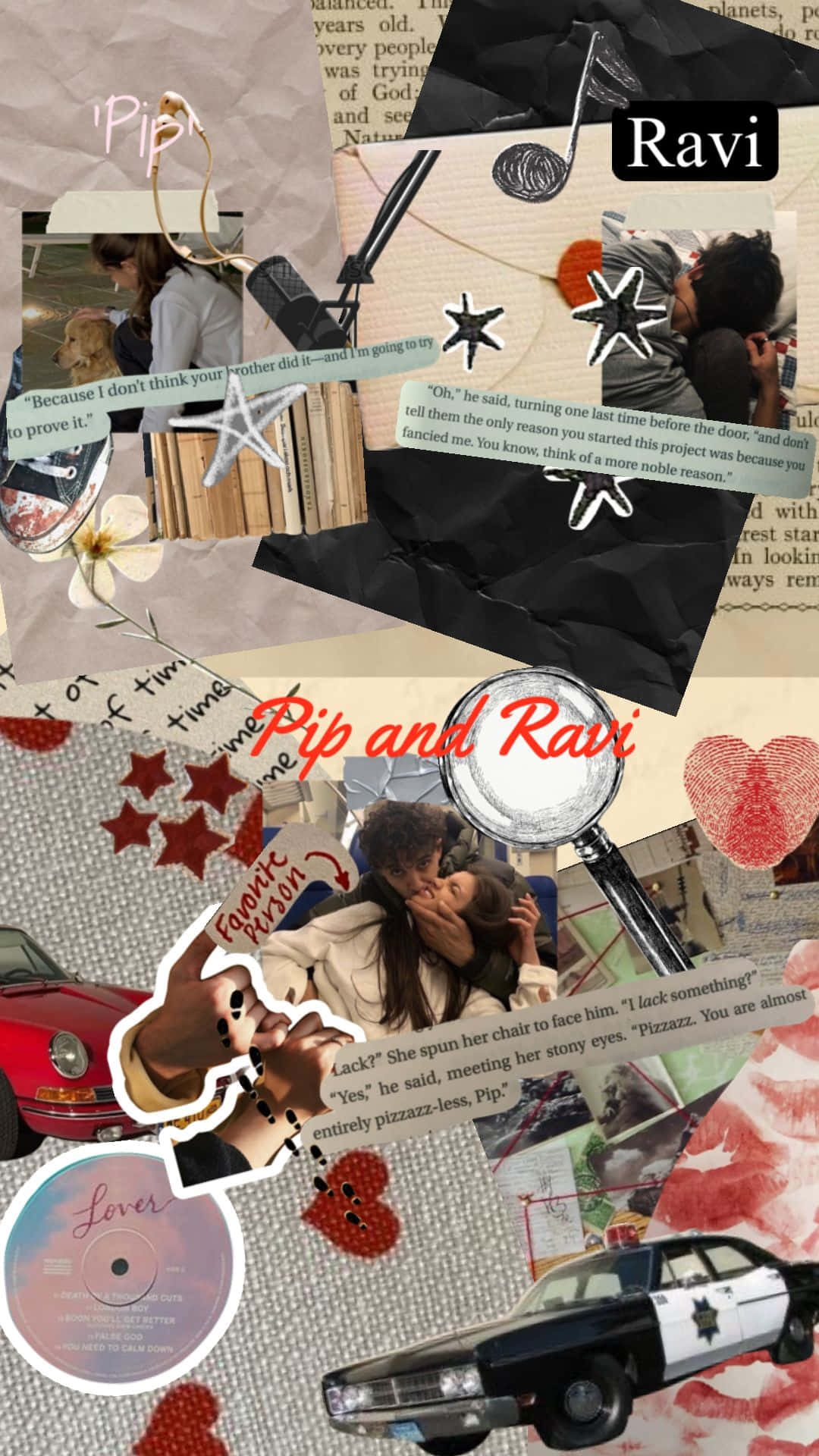  壁紙 — 一個充滿活力的拼貼畫，包含浪漫照片、語錄和紀念品， featuring Pip 和 Ravi，配有紅色心形和復古車。