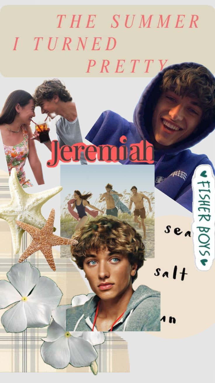 Jeremiah Fisher Aesthetic 桌布 壁紙 — 一個充滿活力的夏季海灘場景拼貼畫，描繪年輕人與海星、花朵和文字疊加一起享受海邊時光。