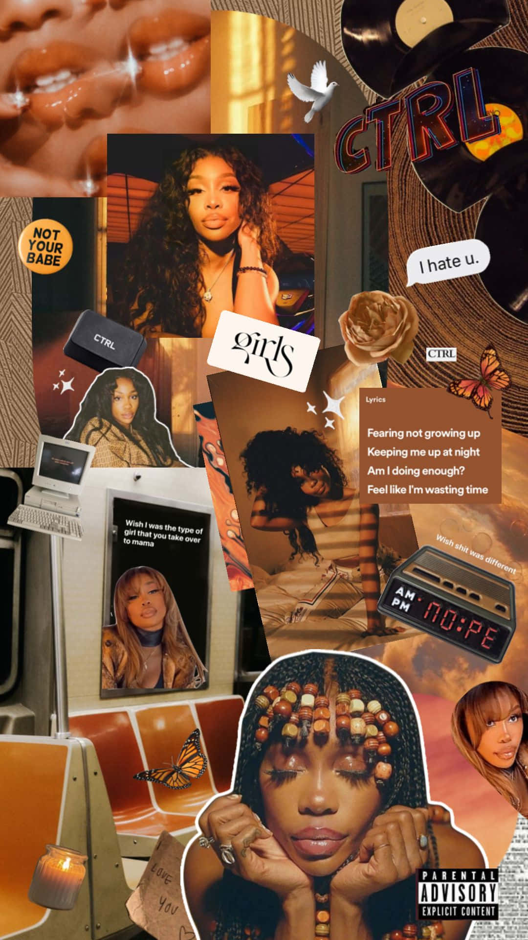  壁紙 — SZA《Ctrl》專輯藝術的充滿活力的拼貼畫，包含照片、歌詞和黑膠唱片，色調溫暖。