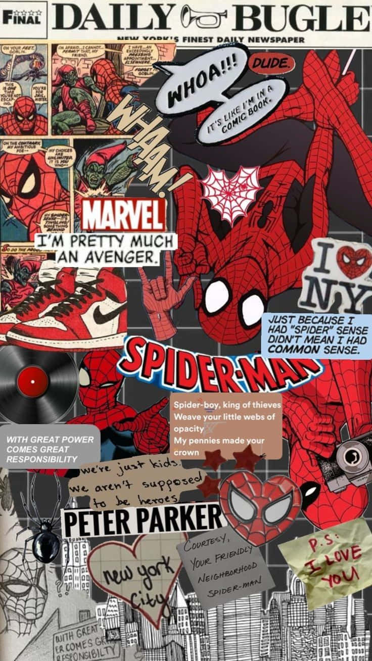 Daily Bugle 桌布 壁紙 — 一幅充滿活力的漫畫拼貼畫， featuring 身穿紅藍色的蜘蛛人，紐約市天際線，運動鞋和報紙頭條。