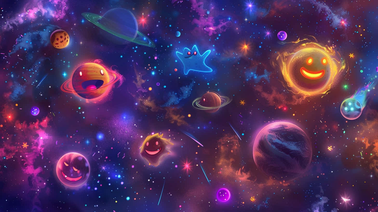  壁紙 — 一個充滿活力的宇宙場景，微笑的行星和發光的幽靈漂浮在色彩繽紛的星雲和星星之間。