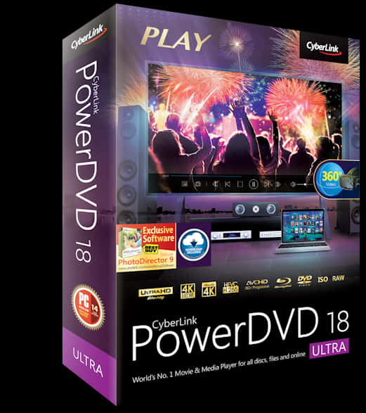 CyberLink PowerDVD 18 Ultra軟體盒，螢幕上顯示煙火。 — 4K 壁紙