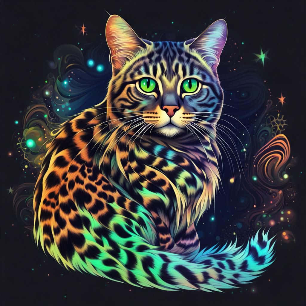  壁紙 — 一隻充滿活力的數位貓，擁有發光的綠色眼睛和毛皮中的宇宙漩渦，背景是繁星點點的夜空。