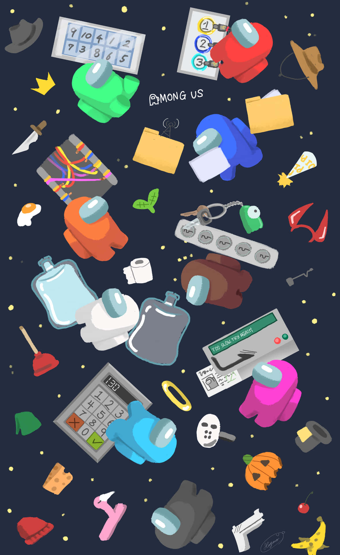 Among Us遊戲角色和物品在太空漂浮 — Among US 壁紙