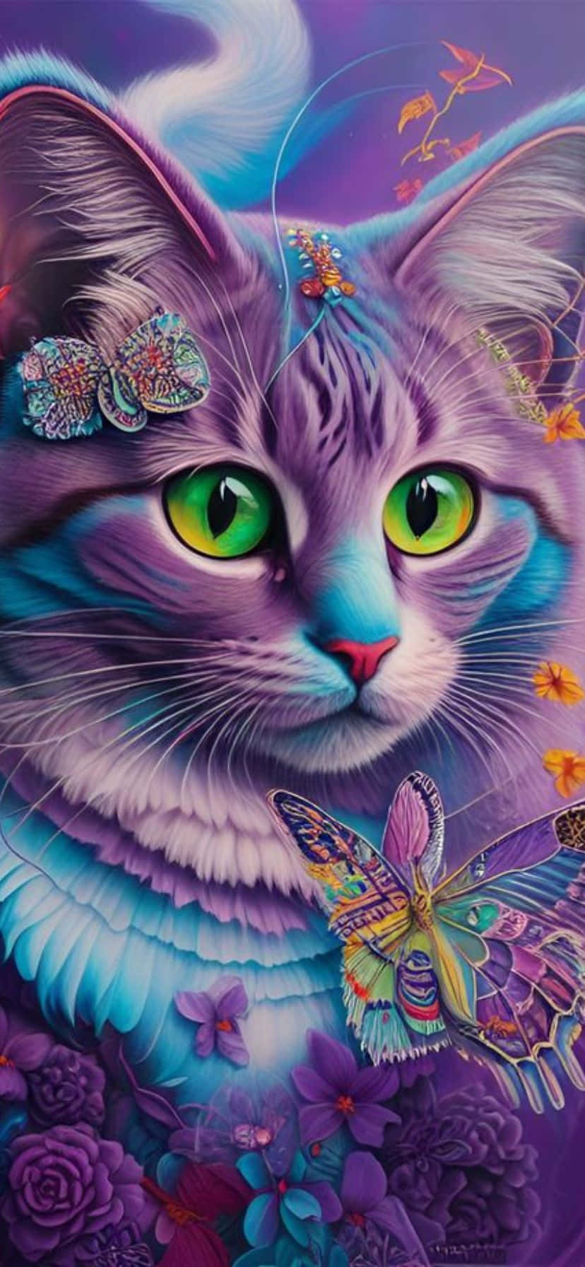  壁紙 — 一幅充滿活力的數位肖像，描繪一隻擁有發光綠色眼睛的紫色貓咪，被色彩繽紛的蝴蝶和花朵環繞。