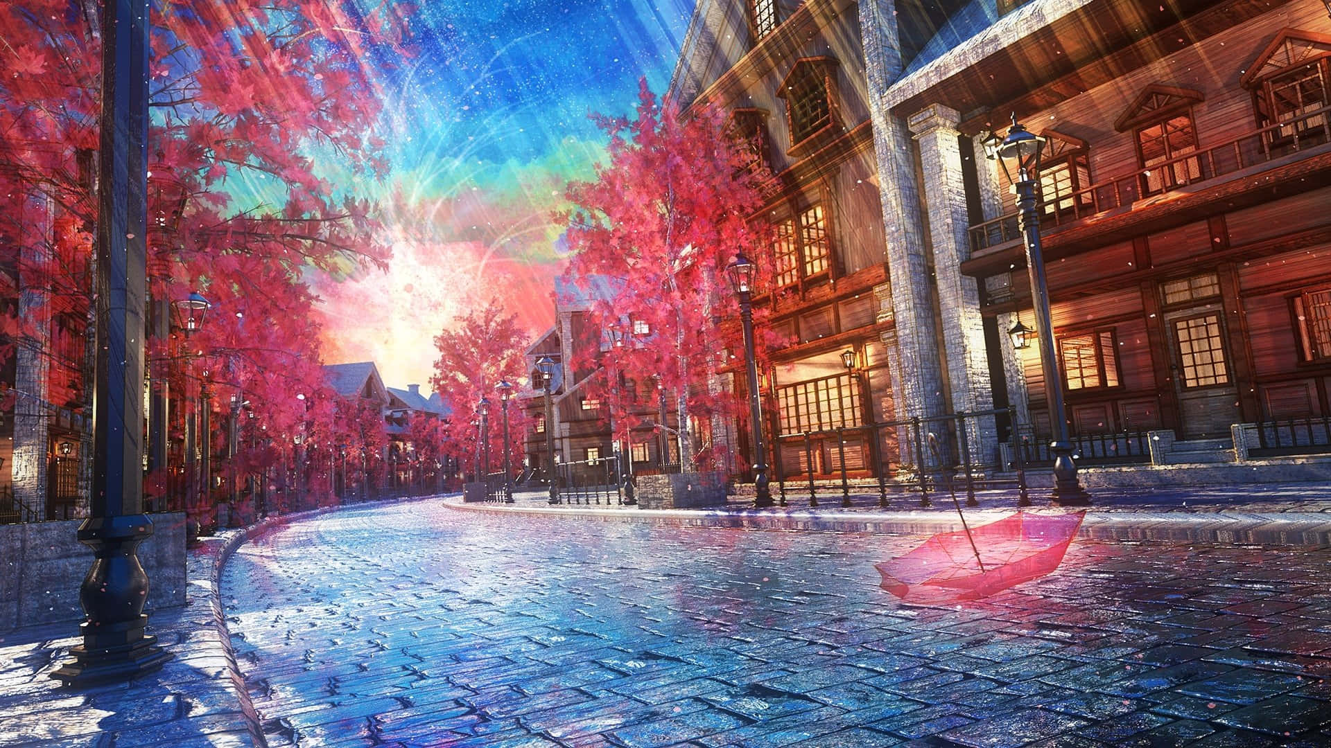  壁紙 — 一個充滿活力的數位街景，有發光的粉紅色樹木、鵝卵石路面，以及在超現實日落天空下漂浮在濕地上的紅色雨傘。