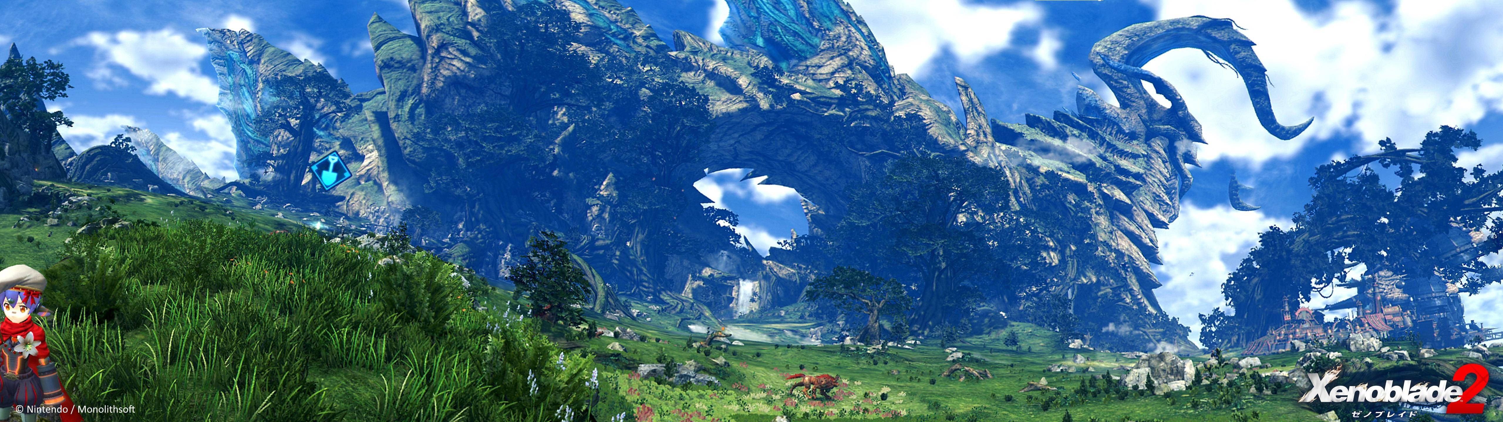 一個小角色站在草地上，面對著巨大的龍形山脈。 — 山景 壁紙