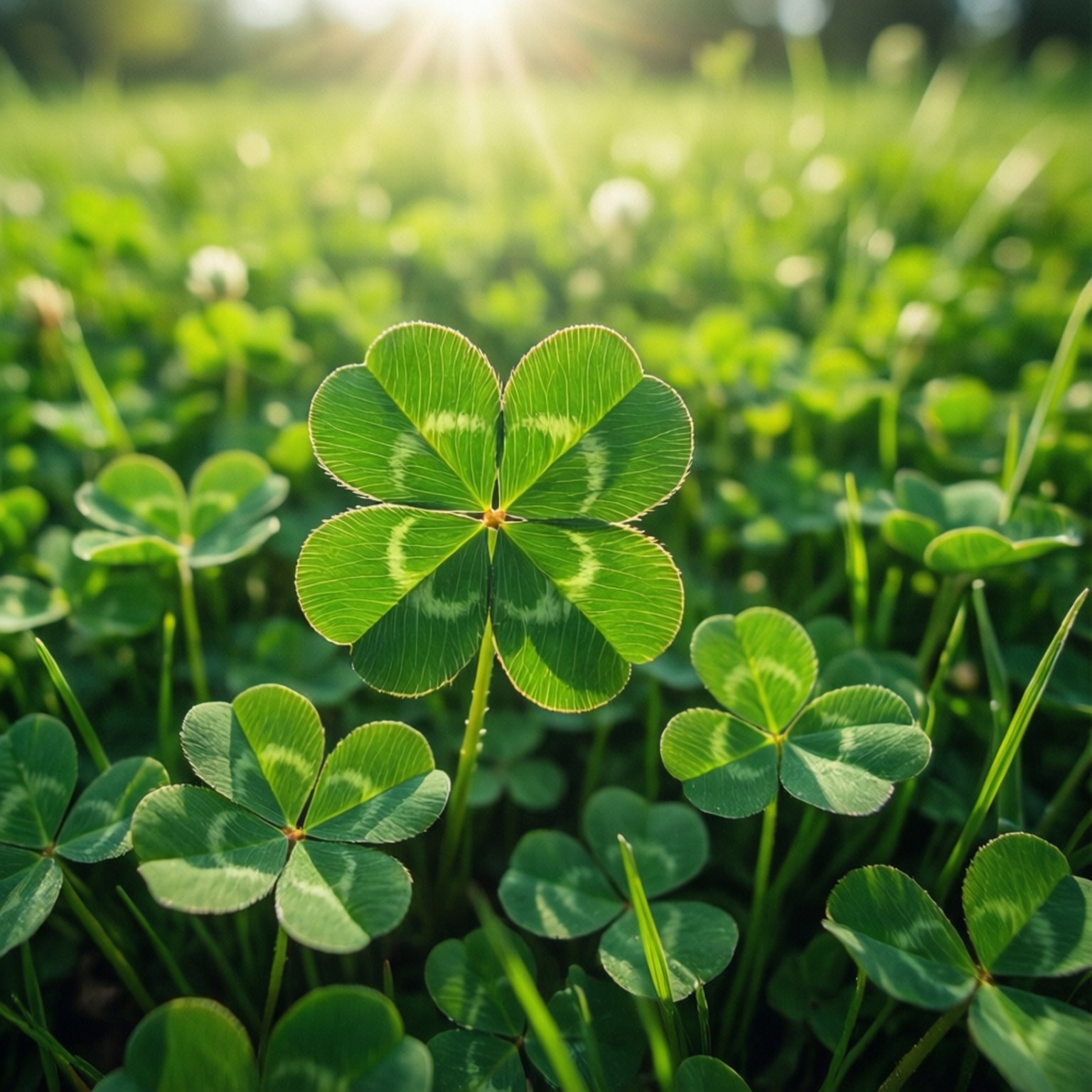 Lucky March Clover 壁紙 — 一片充滿活力的四葉草在陽光照耀的草地上閃耀，背景柔和散景。