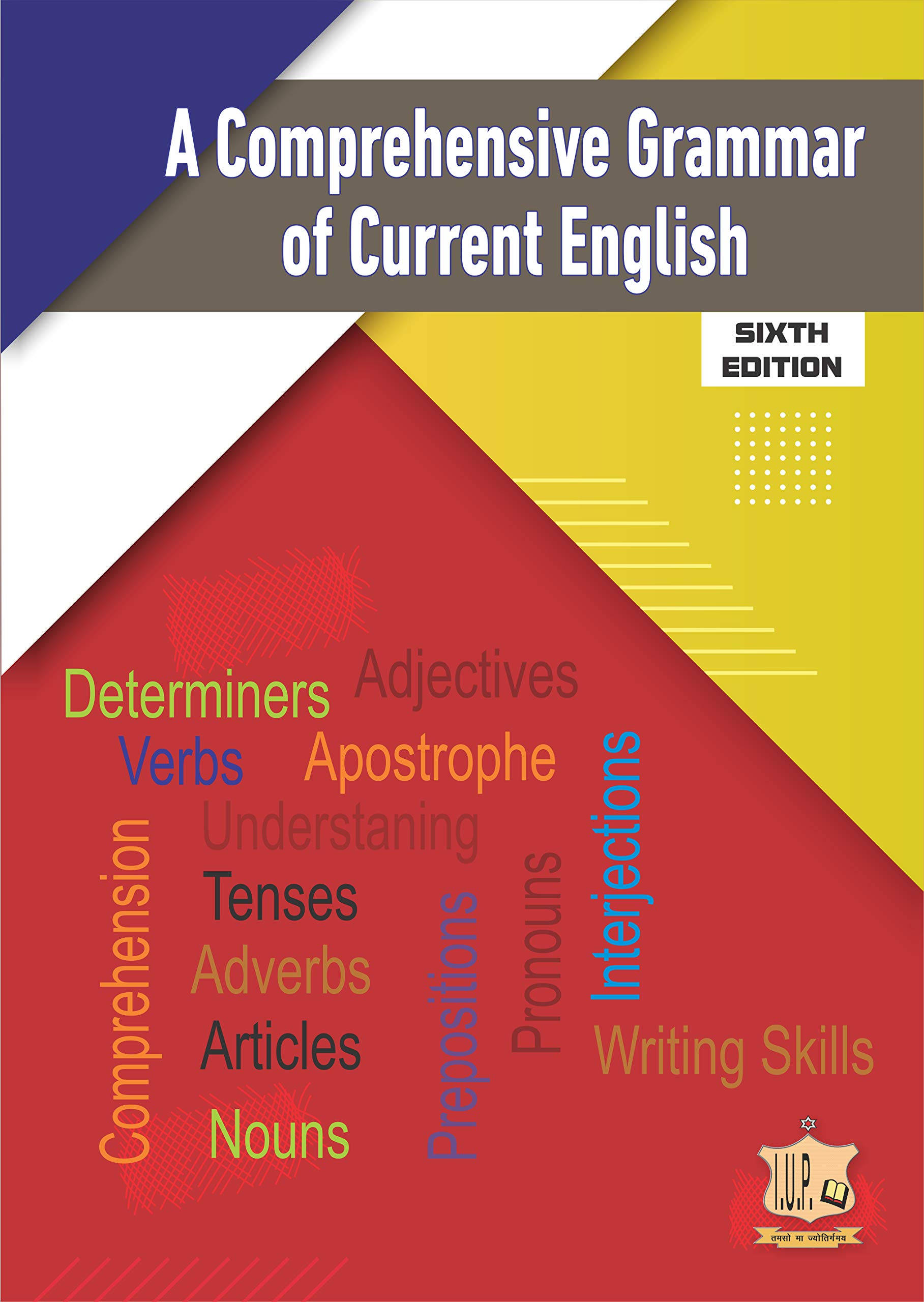 紅色動圖 桌布 壁紙 — 《A Comprehensive Grammar of Current English》的鮮豔幾何圖案書封面，彩色三角形部分列出文法術語。
