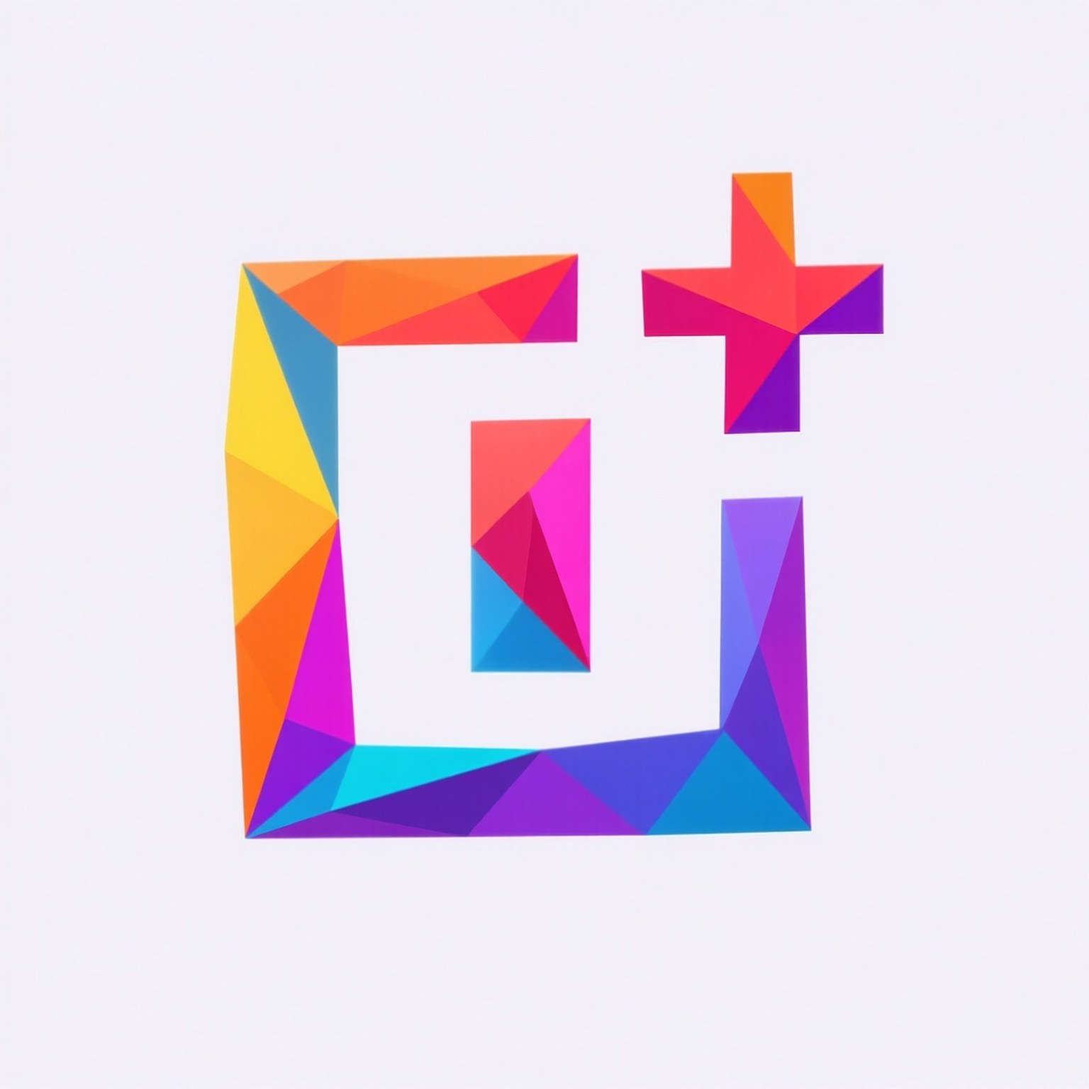Polygonal Logo Art 壁紙 — 一個充滿活力的幾何標誌，帶有風格化的 G 和加號，由彩色三角形切面組成，背景為白色。