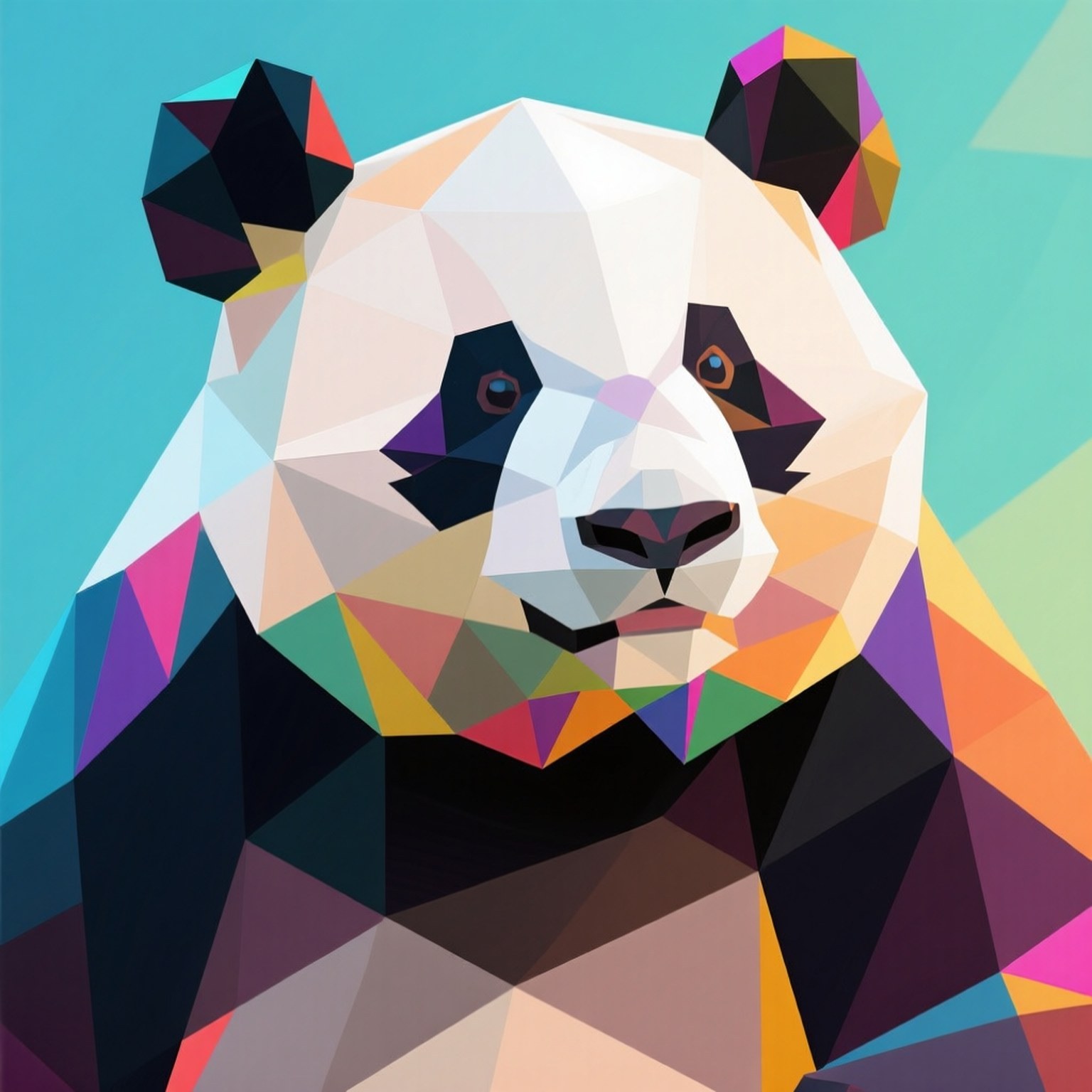 Geometric Panda 壁紙 — 一隻充滿活力的幾何熊貓，帶有多色三角形切面，置於藍綠色背景上。