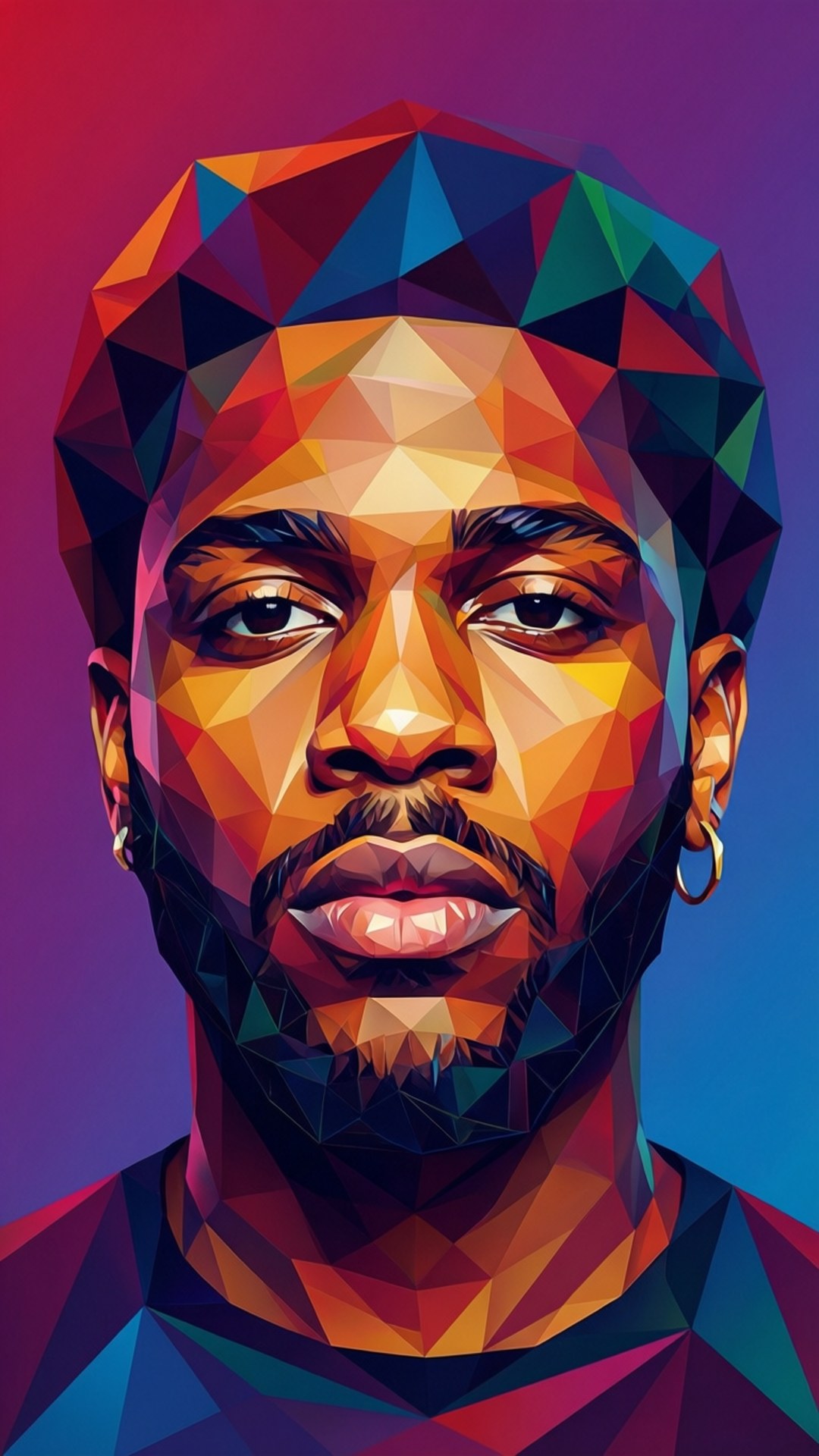 Low Poly Geometric Pop 壁紙 — 一個充滿活力的幾何肖像，描繪一位留鬍子、戴耳環的男子，背景為紫色和藍色漸變。