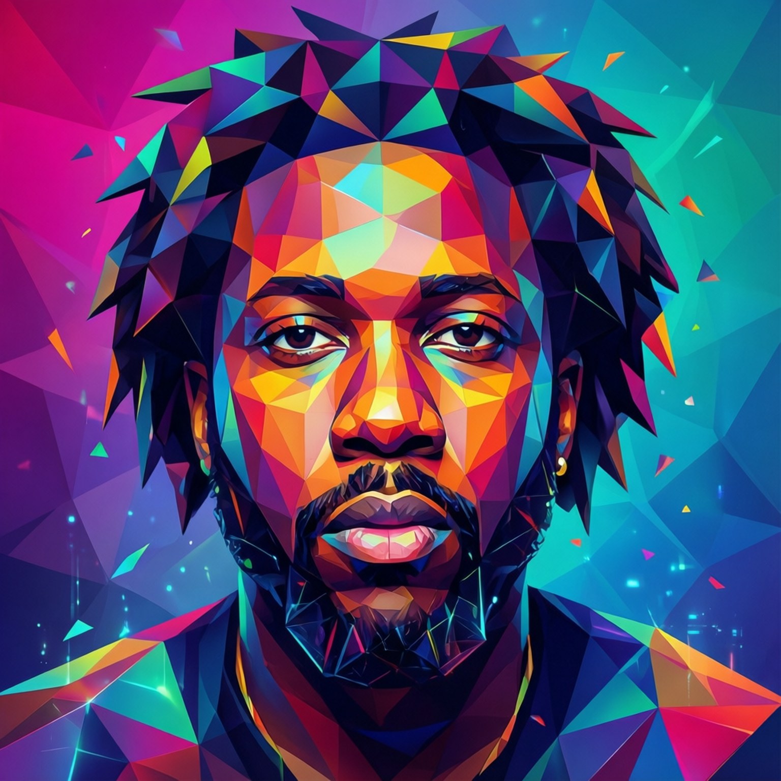 J. Cole Low Poly Portrait 壁紙 — 一個充滿活力的幾何肖像，描繪一名男子，帶有彩色三角形切面和發光的眼睛，背景是宇宙漸變色。