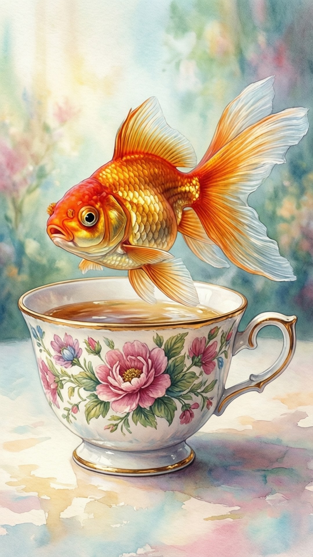 Teacup Goldfish Whimsy 壁紙 — 一條充滿活力的金魚從一個裝滿琥珀色液體的花卉茶杯中躍出，背景是柔和的水彩花園。
