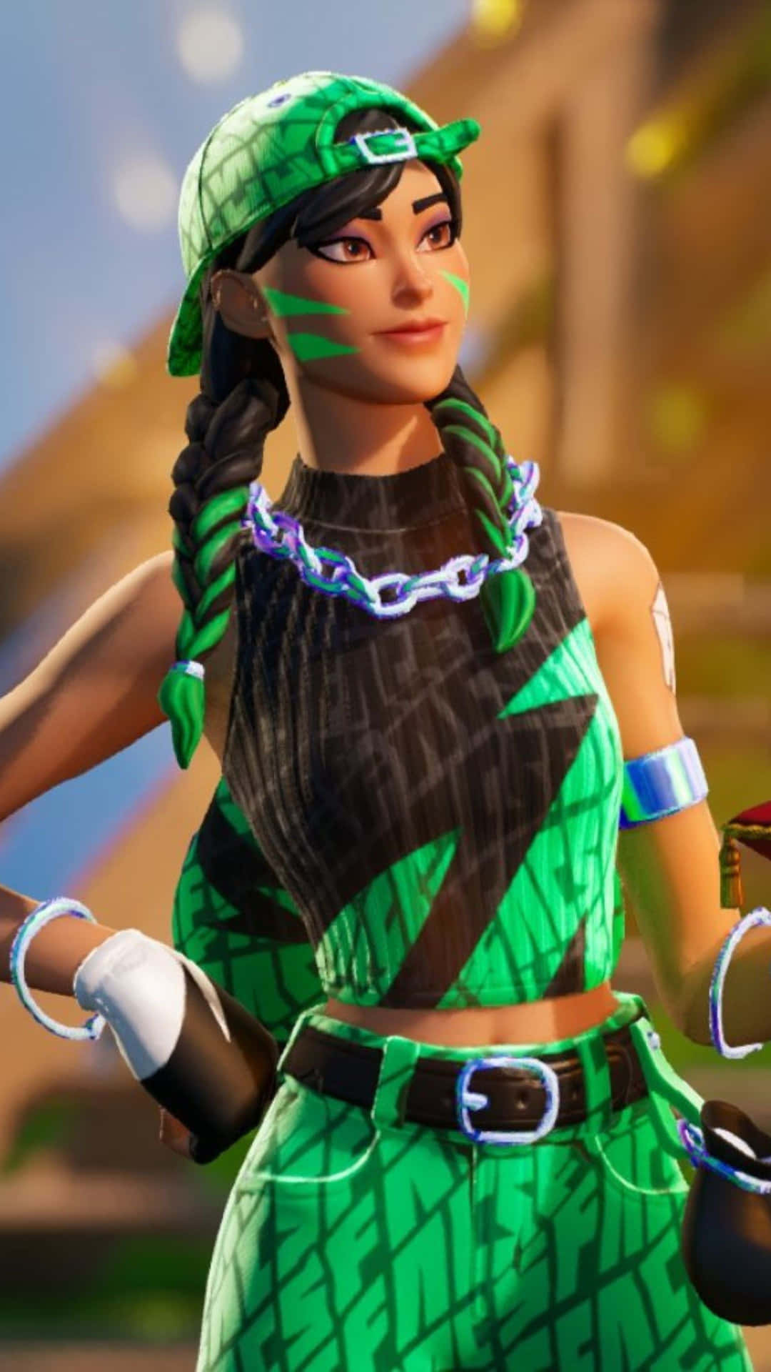  壁紙 — 一個充滿活力的綠色頭髮Fortnite角色，穿著相配的服裝，在陽光普照的城市背景下自信地擺姿勢。