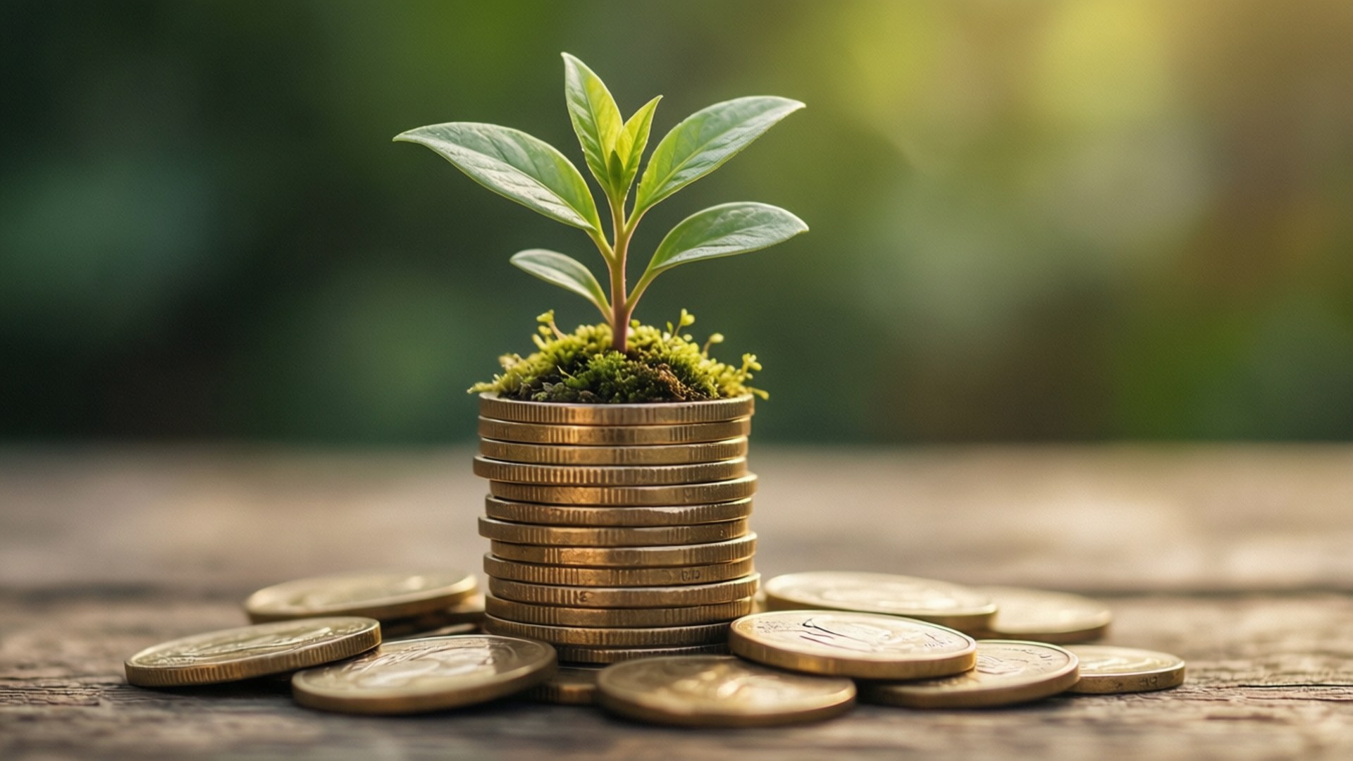 Sustainable Investment Growth 壁紙 — 一株充滿活力的綠色嫩芽從樸實木質表面上的一堆金幣頂部的苔蘚中冒出。