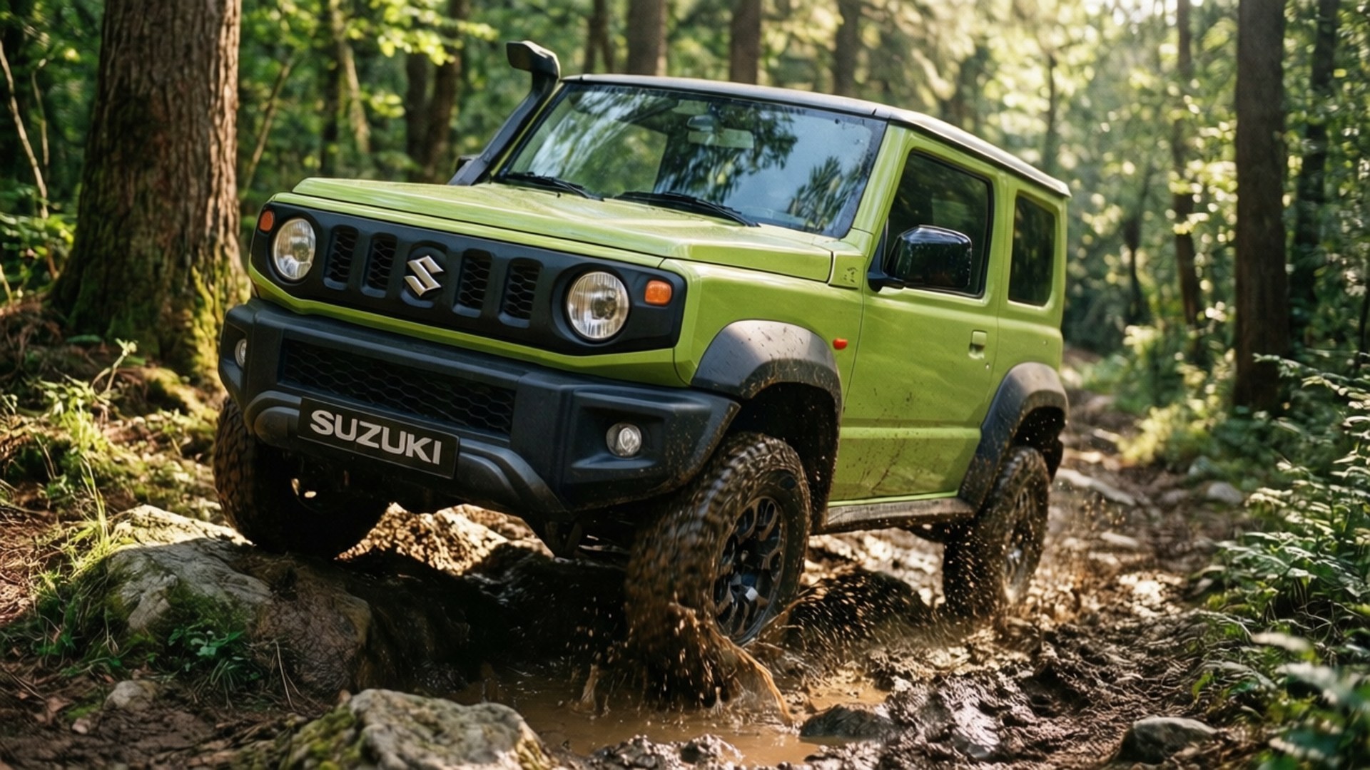 Jimny Jungle Adventure 壁紙 — 一輛充滿活力的綠色鈴木 Jimny 在泥濘的森林小徑上行駛，濺起水花，周圍環繞著高大的樹木。
