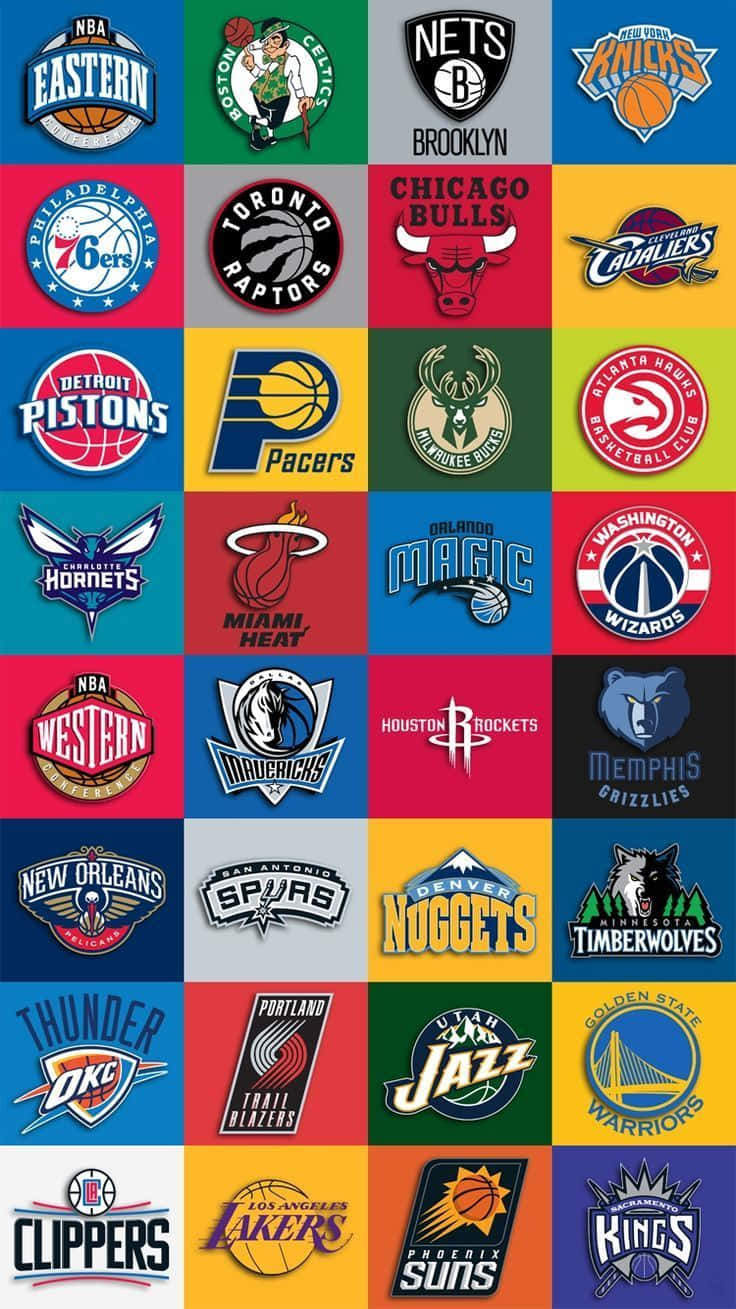 彩色方塊中的NBA球隊標誌網格 — NBA標誌 壁紙