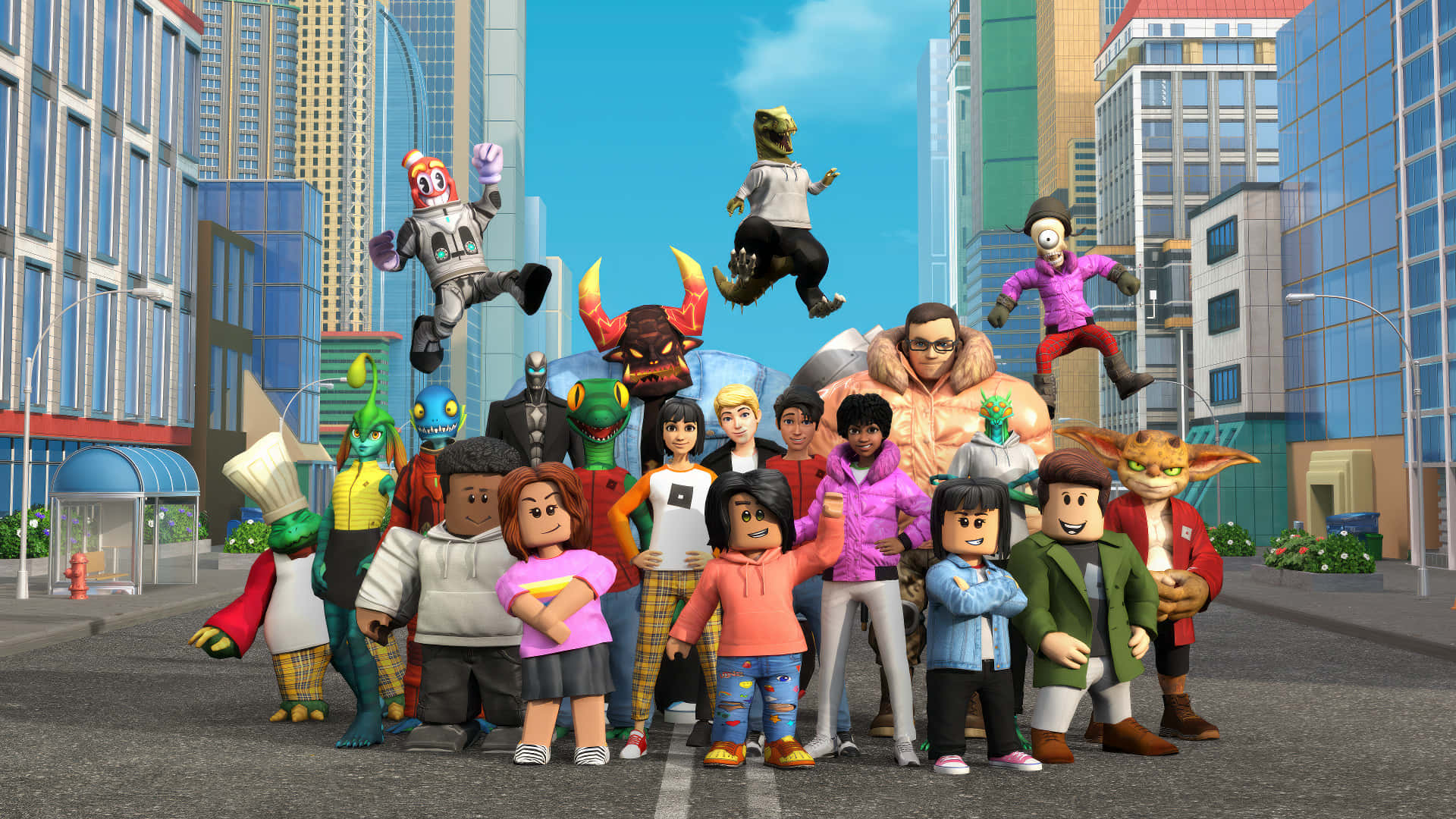 Roblox 頭像和怪物在未來城市街道上擺姿勢。 — Roblox 壁紙