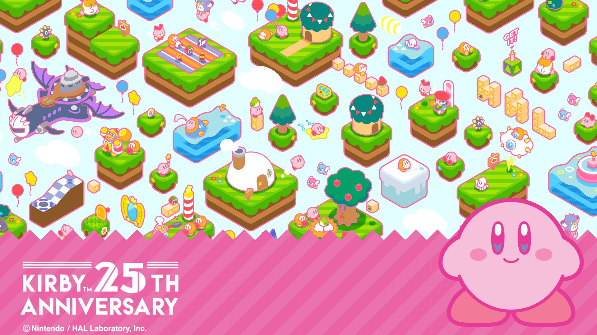 Kirby 25 週年慶祝，有浮島和可愛角色。 — 卡比 壁紙