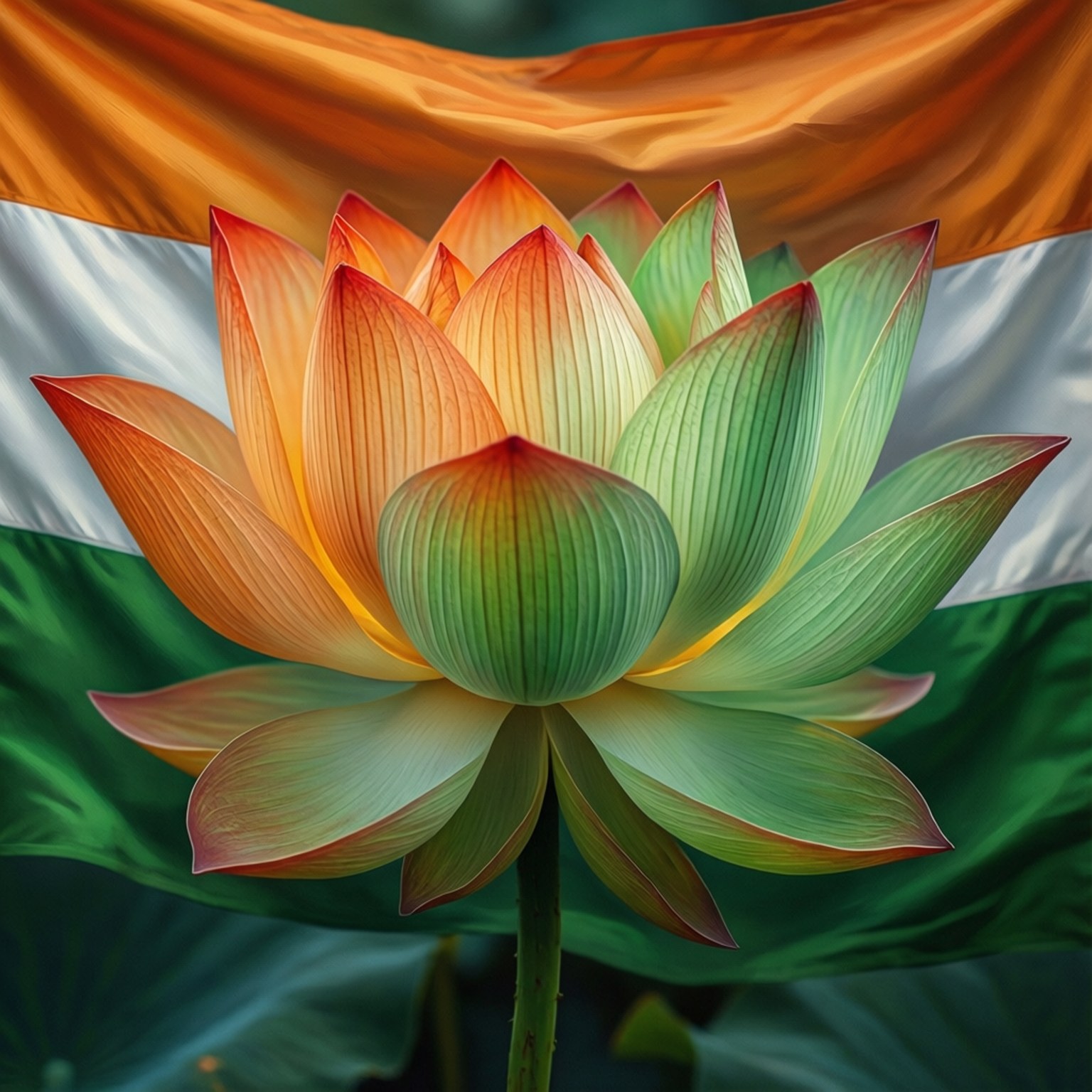 Lotus and Tricolor 壁紙 — 一朵充滿活力的蓮花，帶有橙色和綠色的花瓣，在印度三色旗背景下盛開。