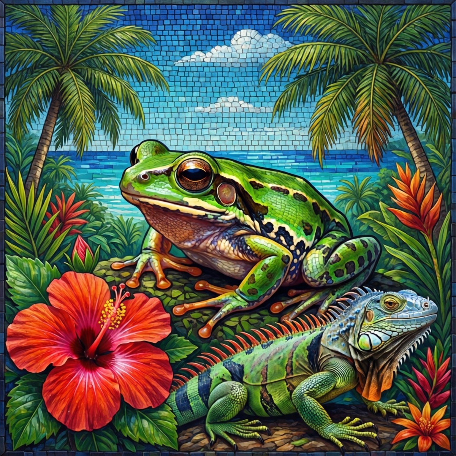Puerto Rico Wildlife Mosaic 壁紙 — 一幅充滿活力的馬賽克藝術品描繪了一隻綠色青蛙和鬣蜥在熱帶植物中，棕櫚樹下，靠近海洋。
