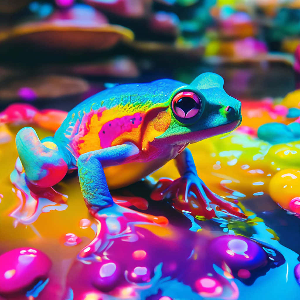  壁紙 — 一隻充滿活力的霓虹青蛙，發光的眼睛坐在迷幻顏料池中，周圍環繞著彩色斑點。