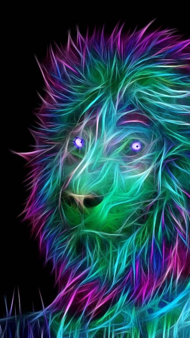 霓虹獅子，發光的眼睛和彩色毛髮，黑色背景 — 3D 壁紙