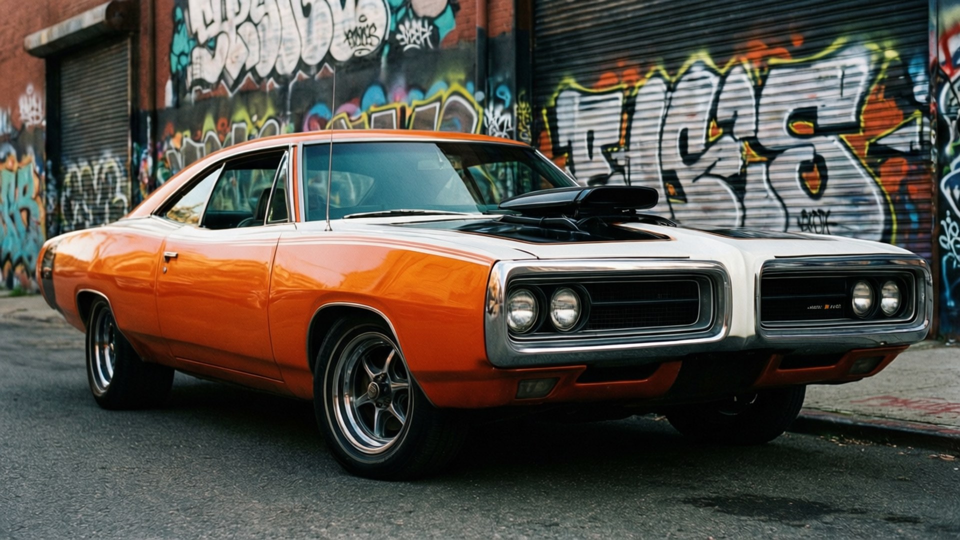 Hurst Urban Muscle 壁紙 — 一輛充滿活力的橙色和白色經典肌肉車停在佈滿塗鴉的磚牆前。