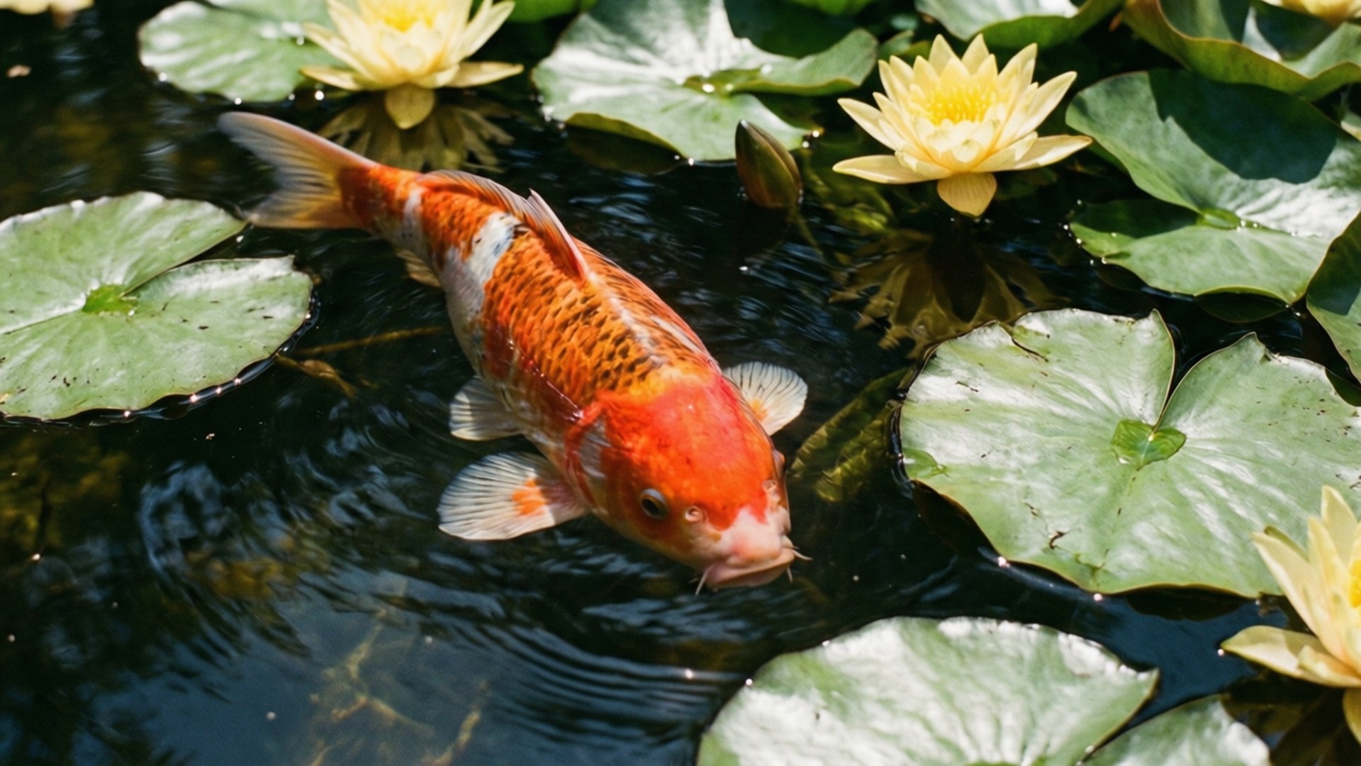 Koi and Lilies 壁紙 — 一條鮮豔的橙白色錦鯉在陽光普照的池塘中，優雅地游弋在綠色睡蓮葉和盛開的黃色睡蓮之間。