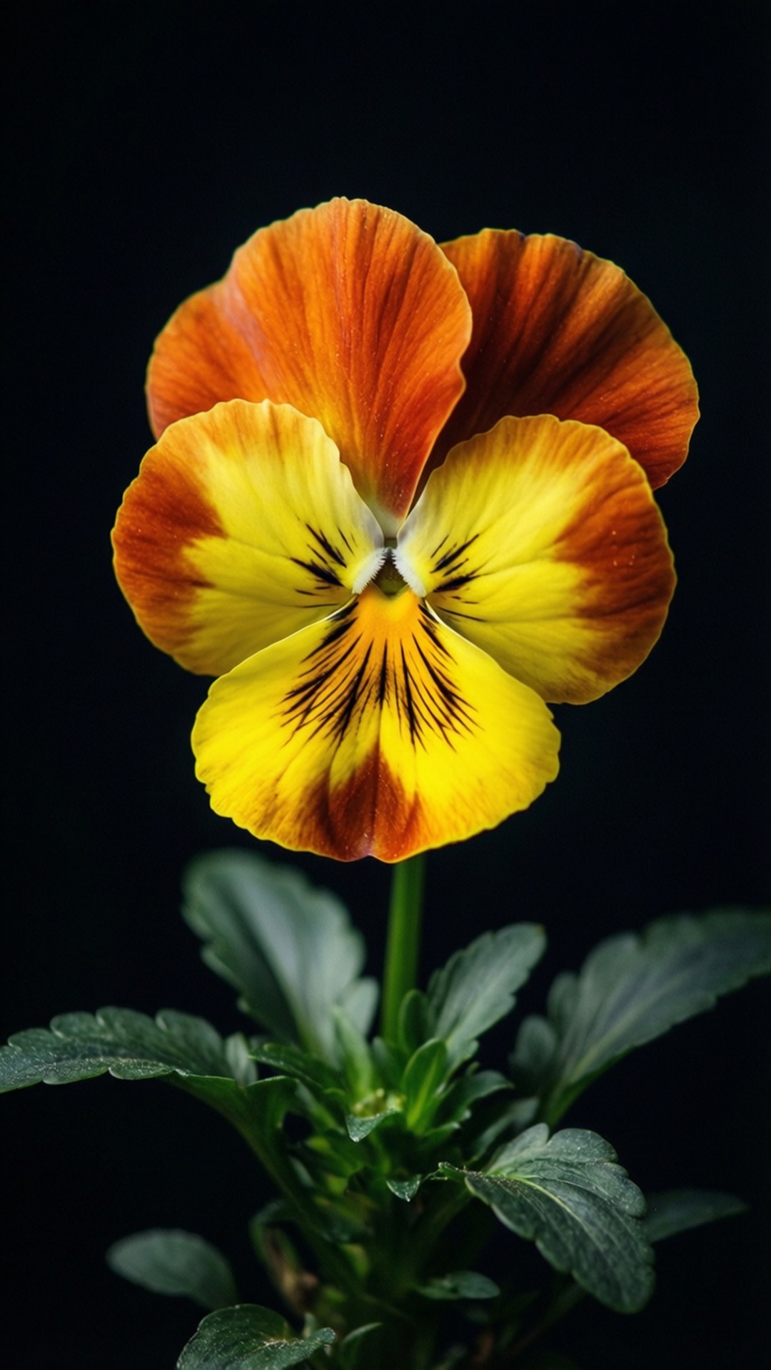 Yellow Pansy Dark Contrast 壁紙 — 一朵鮮豔的橙色和黃色三色堇，帶有深色中心，在純黑色背景上綻放。