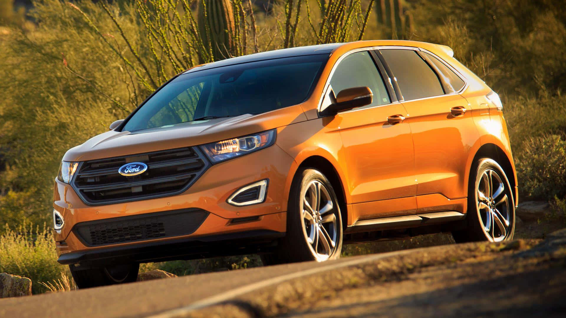 Ford Edge 桌布 壁紙 — 一輛充滿活力的橙色福特Edge SUV停泊在沙漠道路上，周圍有仙人掌和乾草，沐浴在金色的陽光下。