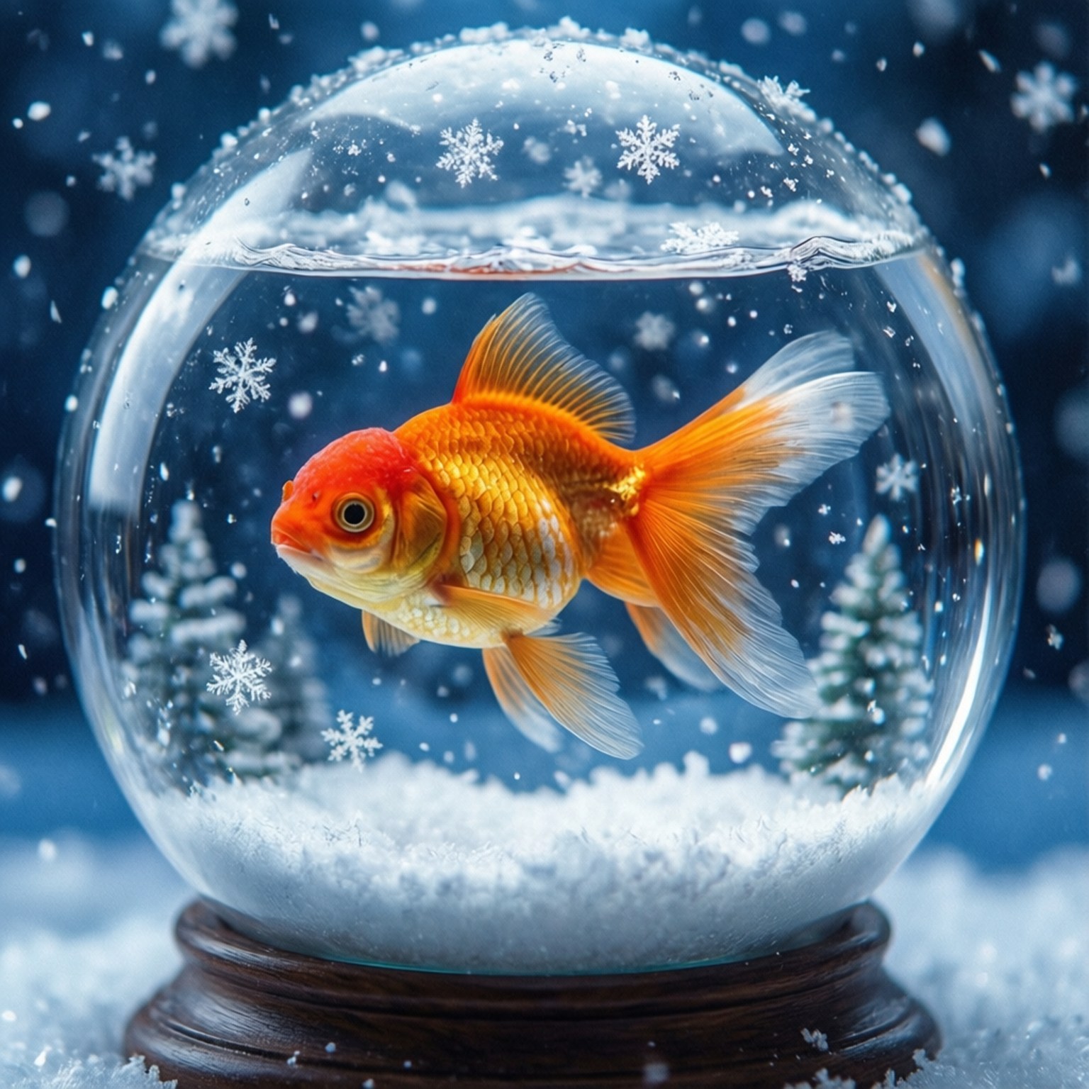Goldfish Snow Globe 壁紙 — 一條鮮豔的橙色金魚在一個充滿雪花和微型松樹的雪球中優雅地游動，背景是深藍色。