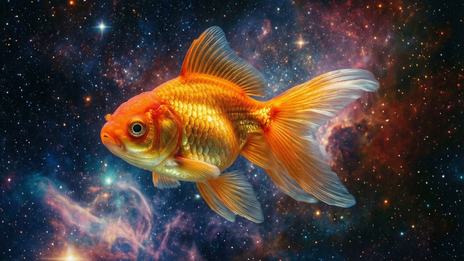 Space Goldfish Dream 壁紙 — 一條充滿活力的橙色金魚優雅地游過充滿星星和發光氣體雲的彩色宇宙星雲。