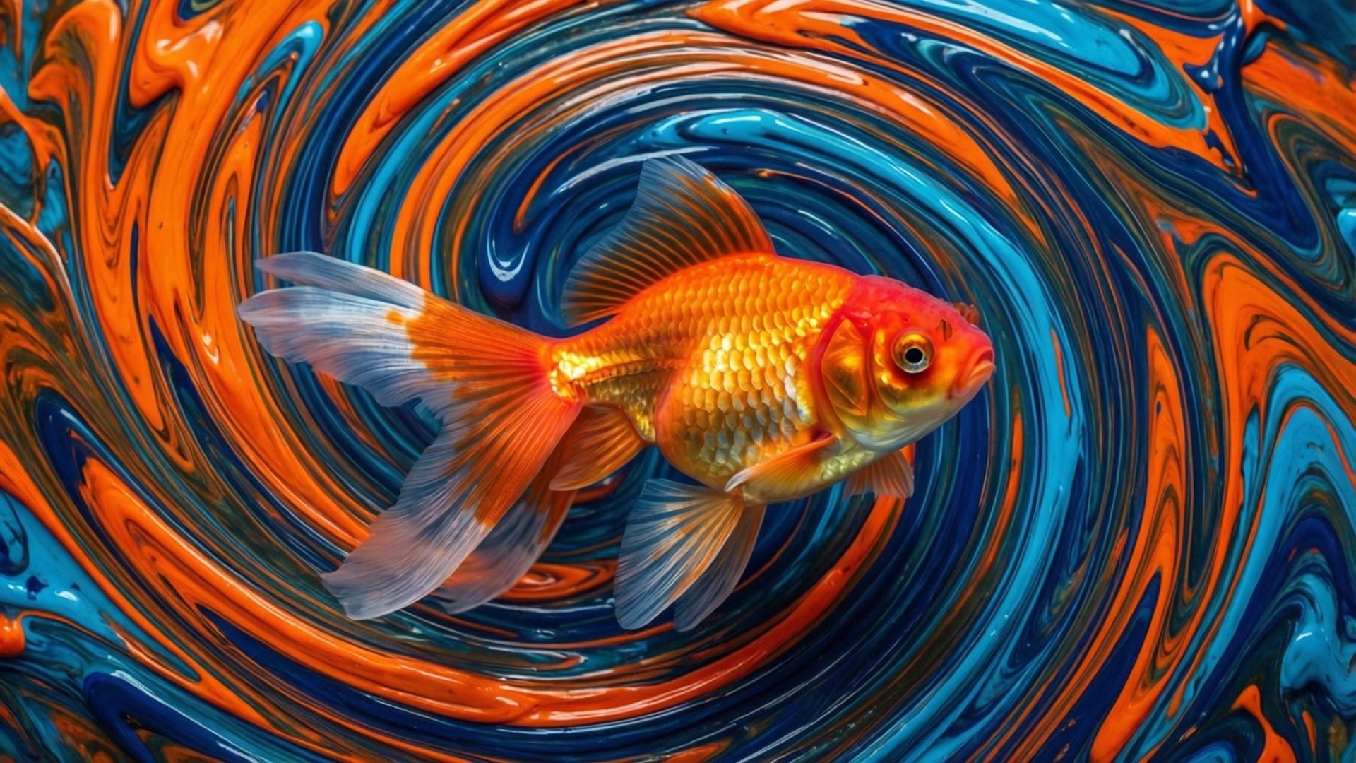 Goldfish Color Vortex 壁紙 — 一條充滿活力的橙色金魚優雅地游過由火橙色和深藍色液體組成的旋轉漩渦。