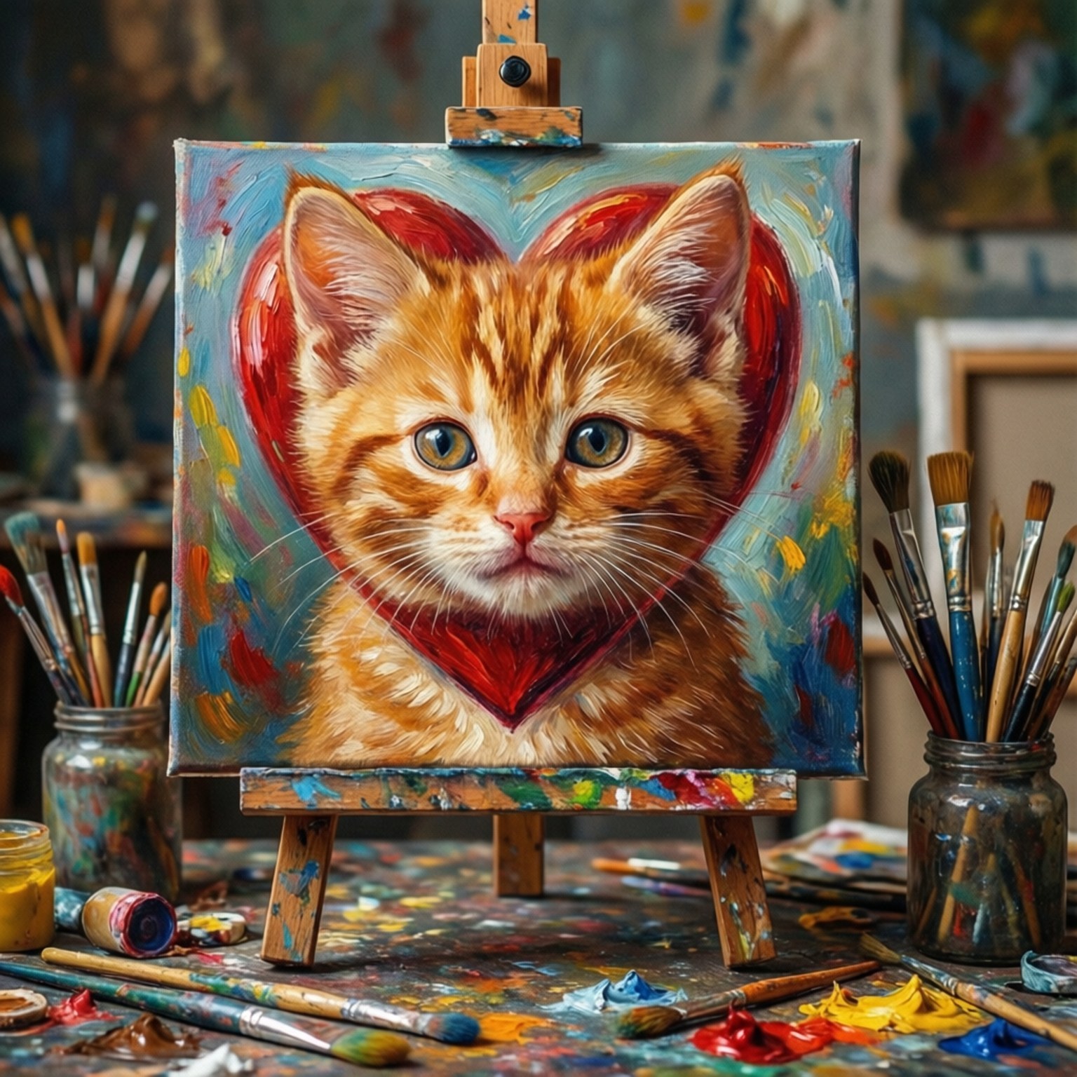 Toulouse the Artist 壁紙 — 一幅充滿活力的畫作，描繪了一隻橙色虎斑小貓被紅色心形框住，放在色彩繽紛的藝術家工作室的畫架上。