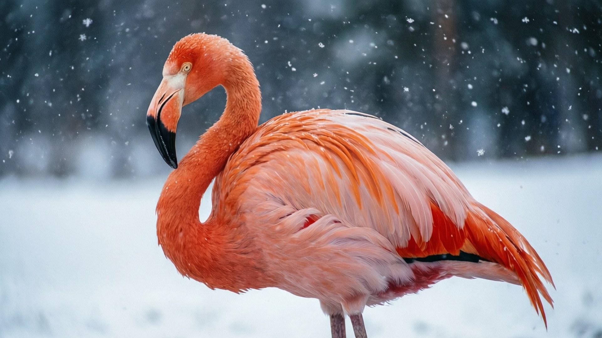 Winter Flamingo 壁紙 — 一隻充滿活力的粉紅色火烈鳥優雅地站在飄落的雪中，背景是模糊的冬季森林。