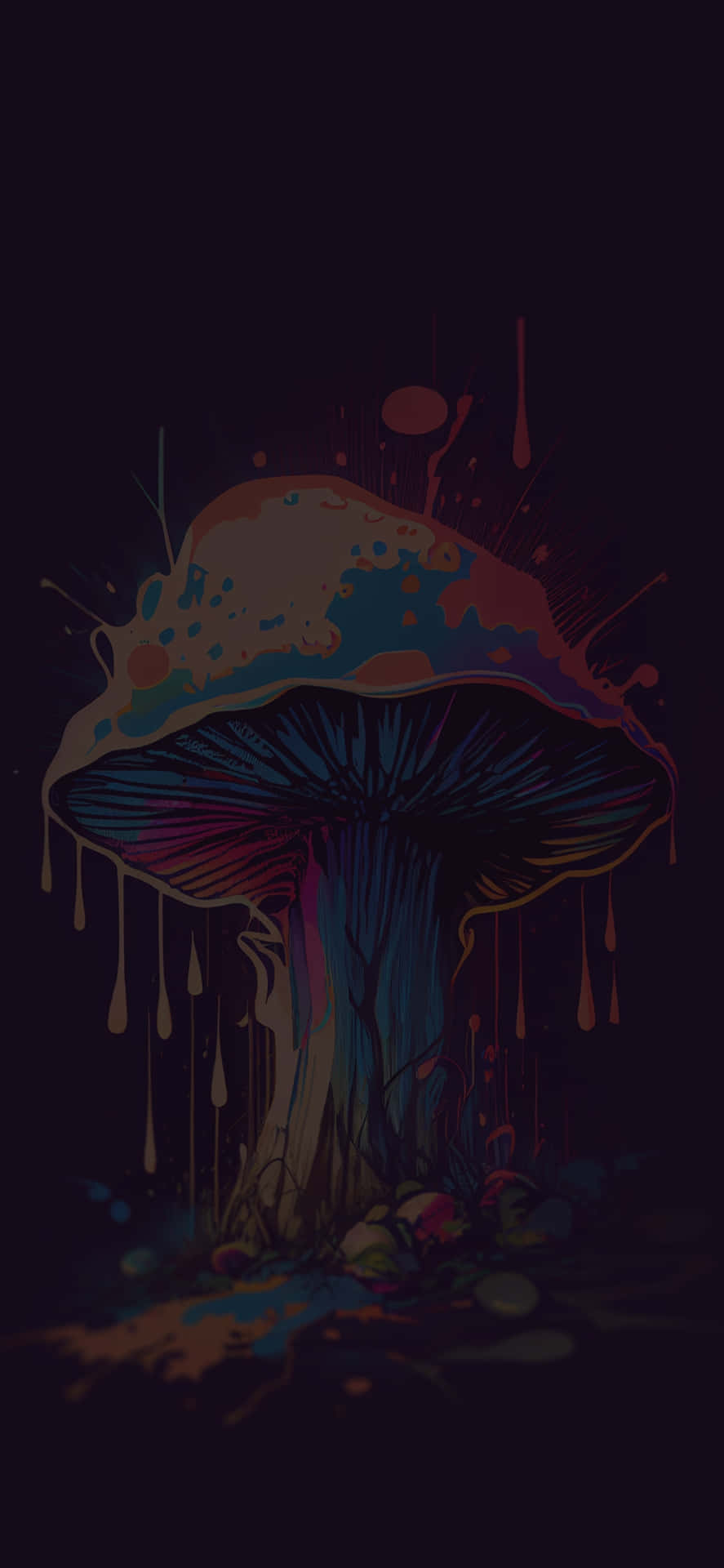  壁紙 — 一個充滿活力的迷幻蘑菇，滴落的油漆飛濺在黑暗的背景上發光。