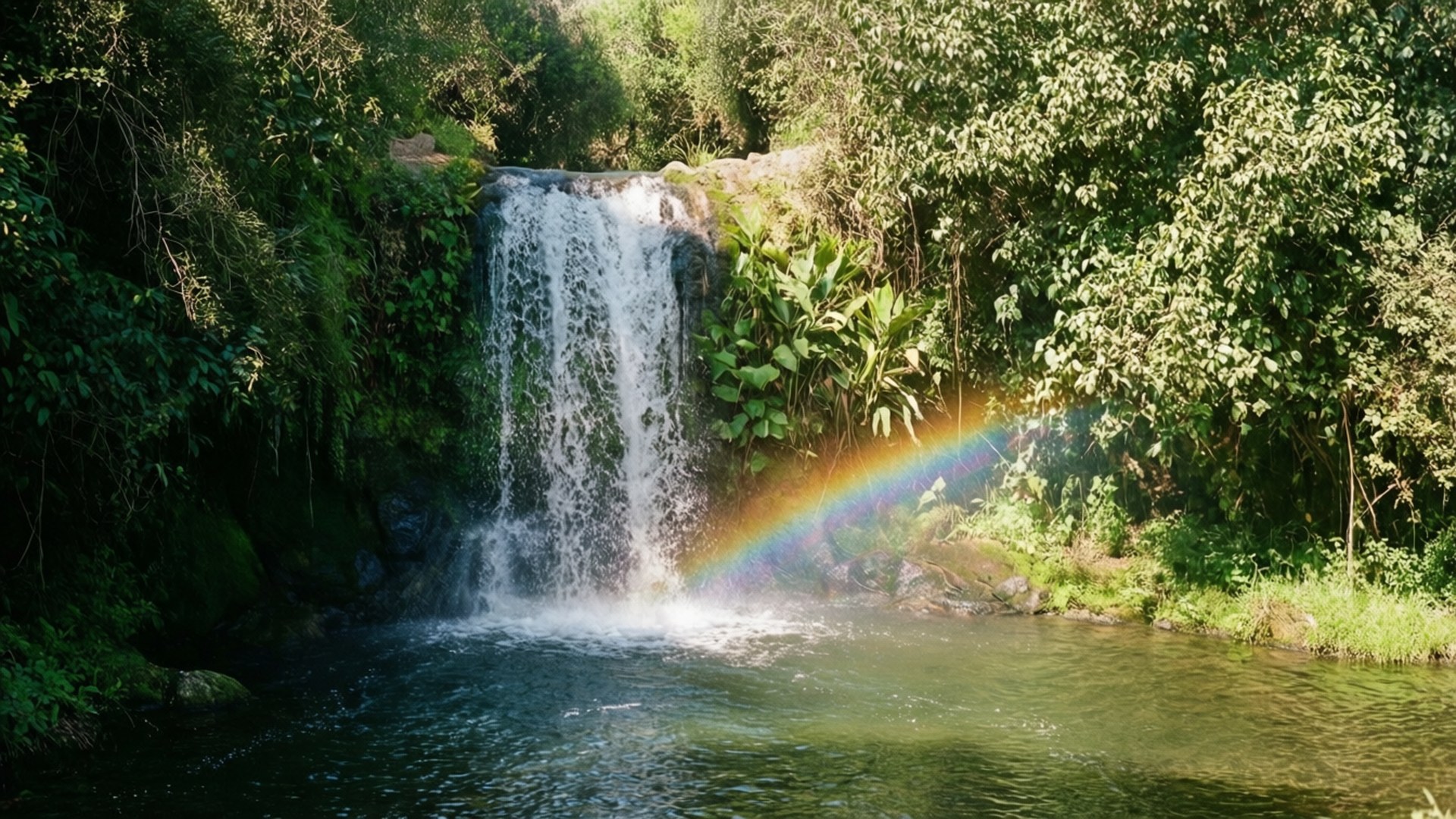 La Mesa Waterfall 壁紙 — 一道鮮豔的彩虹拱形跨越瀑布，瀑布傾瀉入一個被茂密綠色叢林環繞的平靜水池。