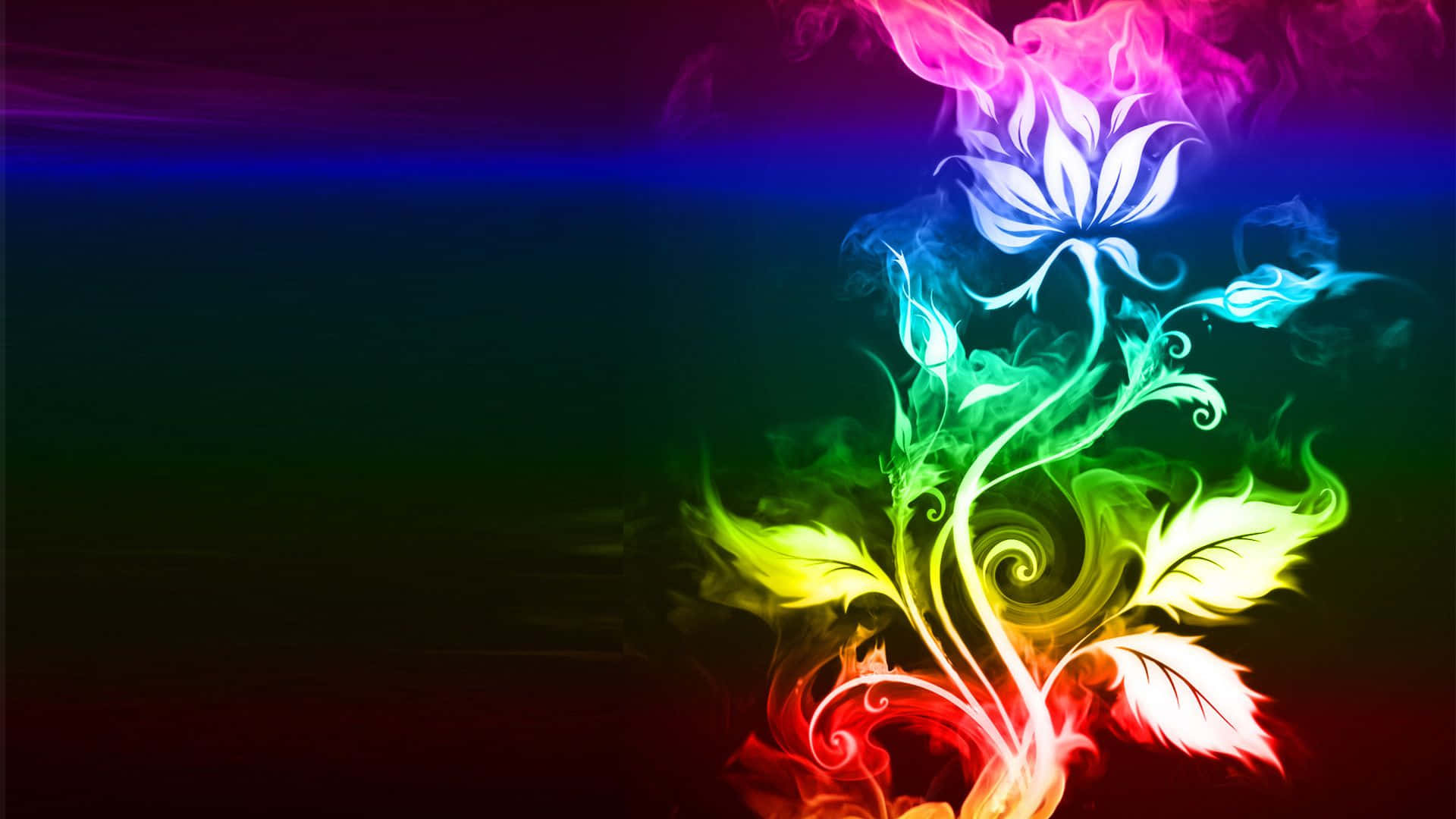  壁紙 — 一朵充滿活力的彩虹色花朵從旋轉的煙霧中綻放，背景為深色漸變。