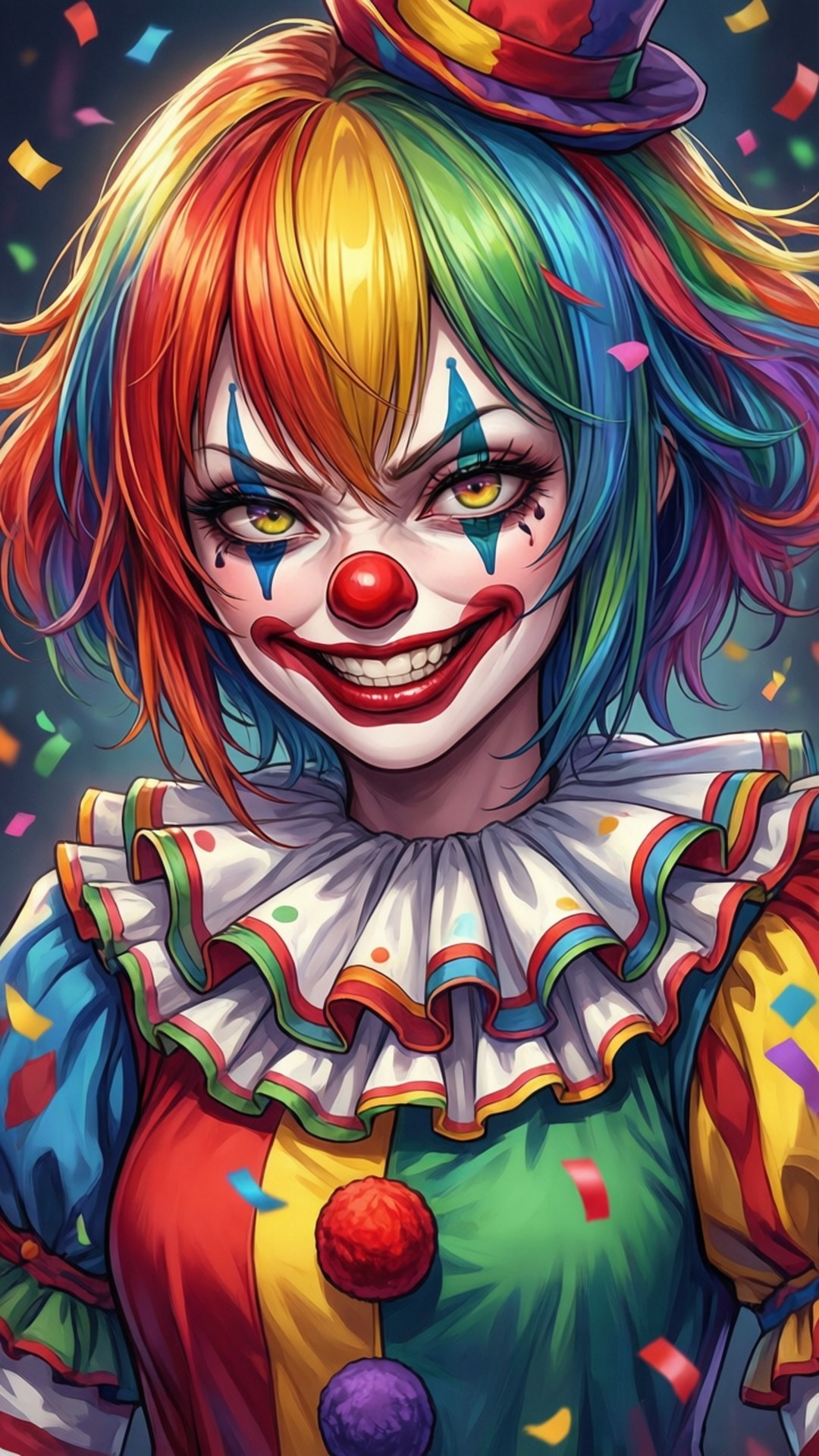 Anime Clown Girl 壁紙 — 一個充滿活力的彩虹髮小丑，帶著邪惡的笑容，五彩紙屑在她周圍旋轉。