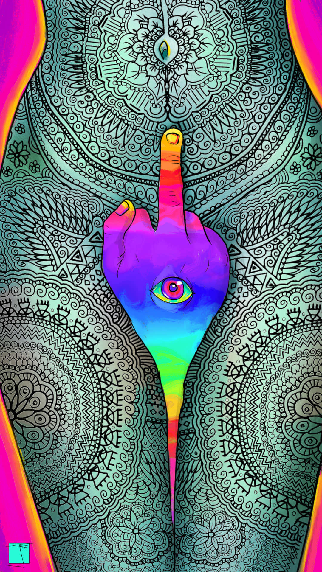 Trippy iPhone 桌布 壁紙 — 一隻充滿活力的彩虹手，中指上有一隻眼睛，在青綠色曼陀羅圖案背景上挑釁地舉起。