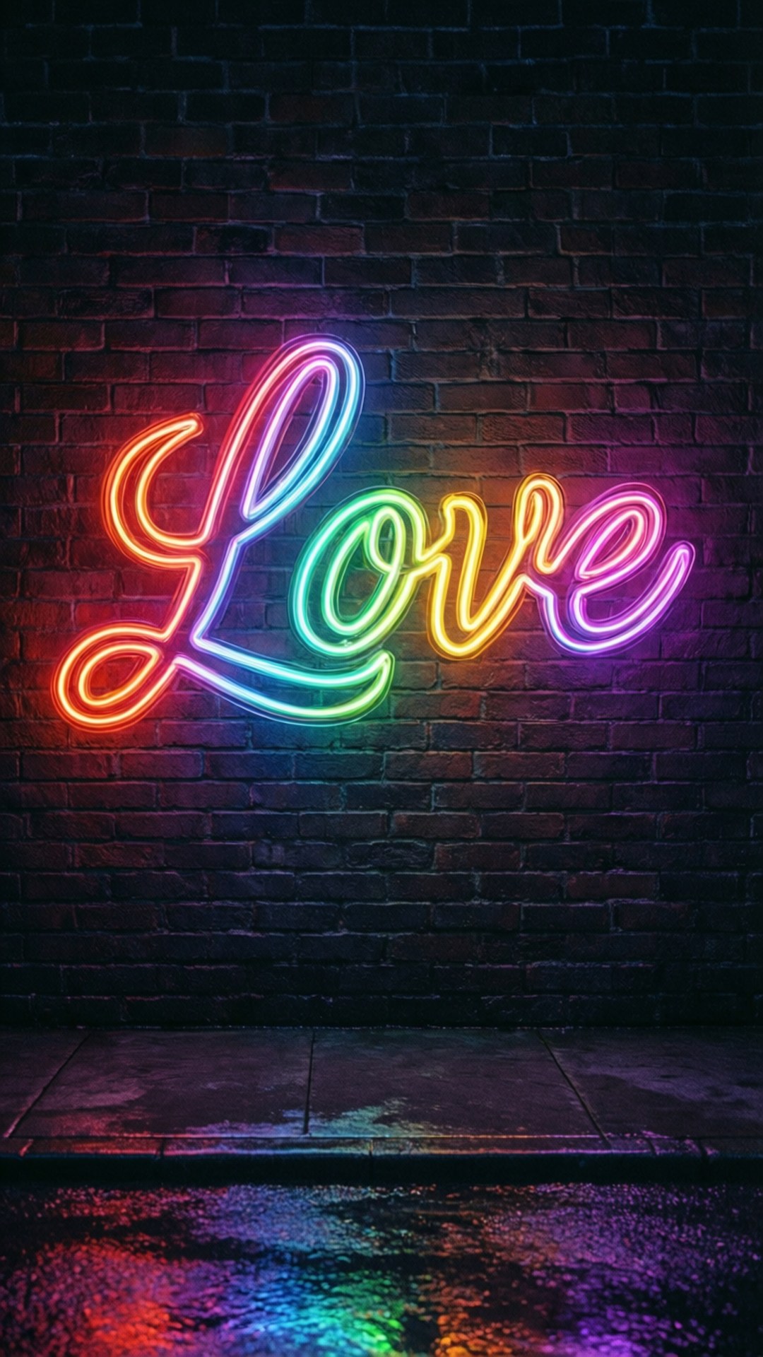 Neon Rainbow Love 壁紙 — 一個充滿活力的彩虹霓虹燈牌，拼出「Love」，在黑暗的磚牆上發光，其倒影在下方潮濕的人行道上閃爍。