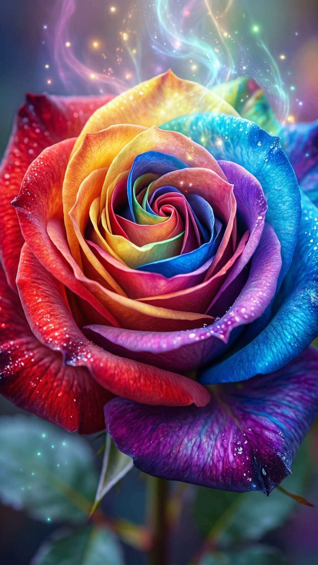 Rainbow Rose 壁紙 — 一朵充滿活力的彩虹玫瑰，帶有旋轉的花瓣和背景中閃爍的魔法光芒。