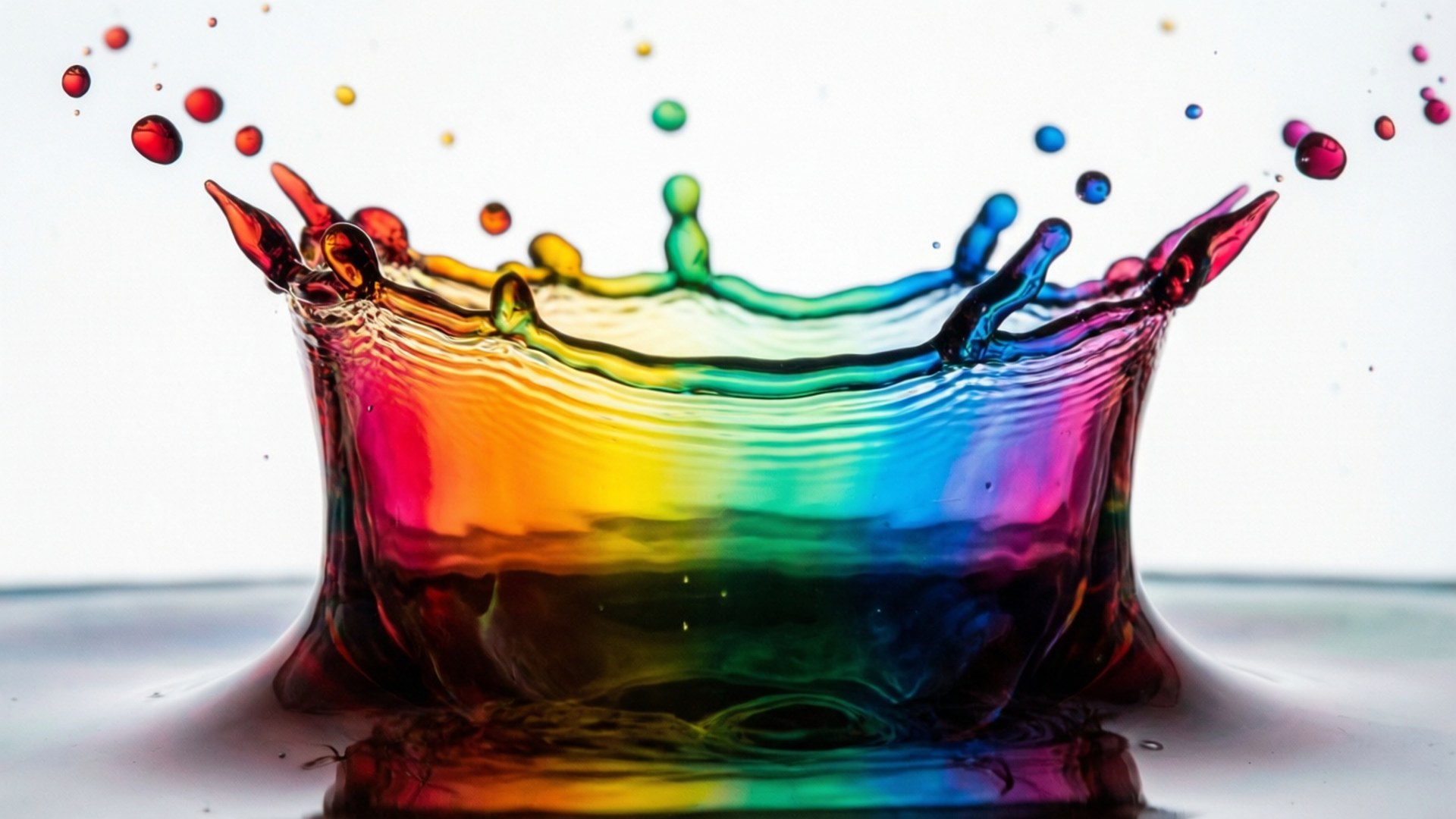 Rainbow Splash 壁紙 — 一道充滿活力的彩虹飛濺皇冠，由液體水滴組成，在純白背景上向上拱起。