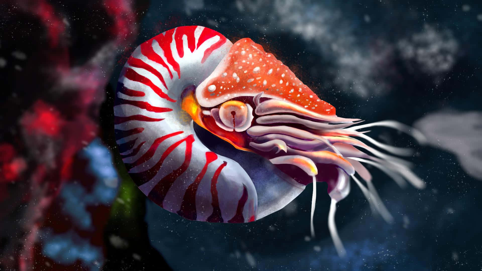  壁紙 — 一隻鮮豔的紅白鸚鵡螺在黑暗的宇宙星雲中滑行，周圍有發光的粒子旋轉。