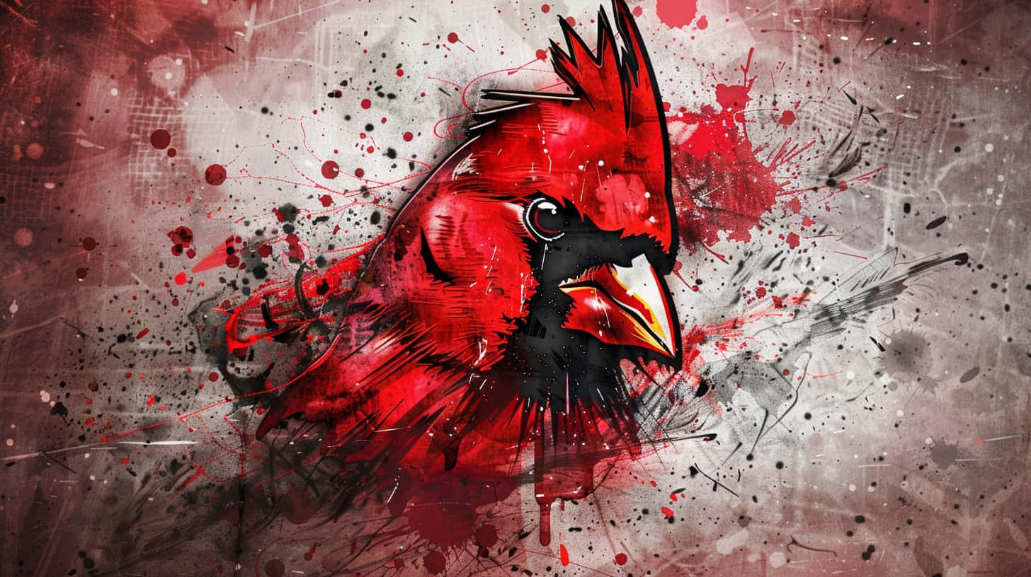  壁紙 — 一隻鮮豔的紅色紅雀從粗糙的紋理背景中迸發而出，帶有動態的顏料飛濺和大膽的筆觸。
