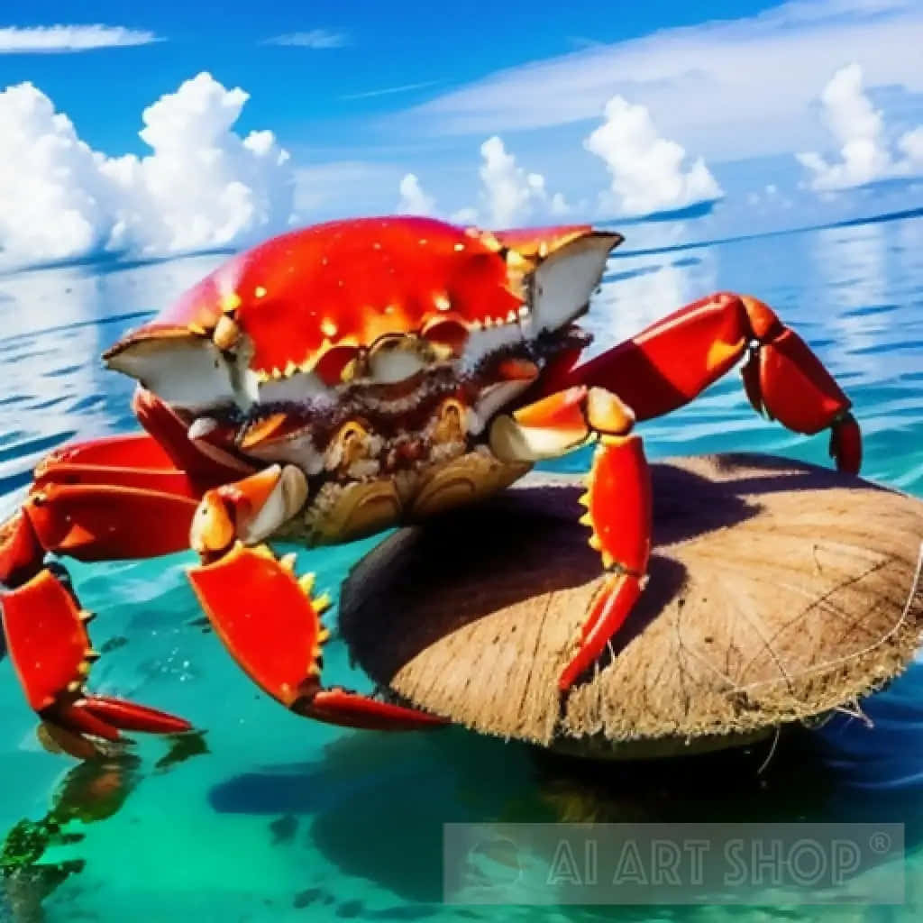  壁紙 — 一隻鮮紅色的螃蟹棲息在椰子浮板上，漂浮在清澈碧綠的海水中，上方是藍天白雲。